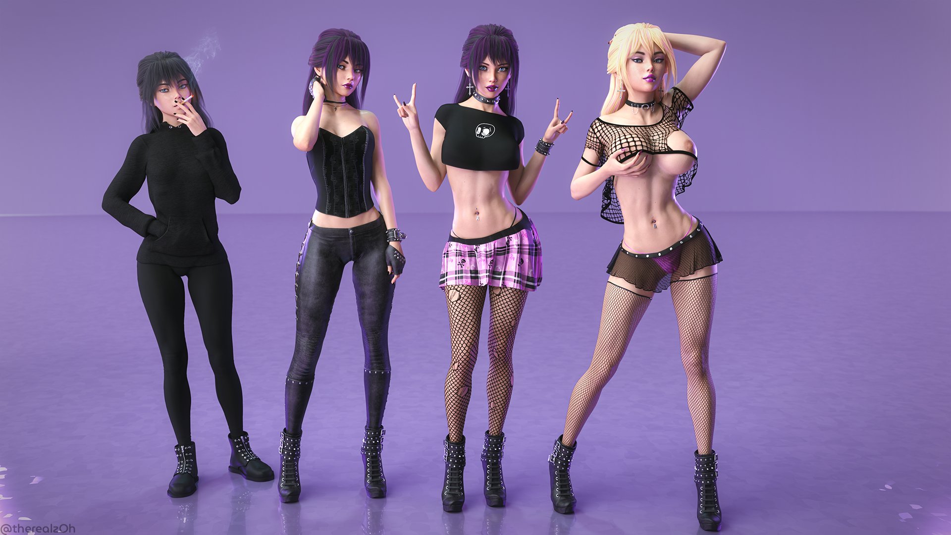 1girls, 3d, areolae, artist name, bangs, bimbo, bimbofication, black clothing, black hair, black nails, blonde hair, boots, bracelet, breast grab, breasts, cameltoe, choker, cigarette, corset, crop top, cross earrings, devil horns (gesture), dyed hair, earrings, female, female only, fingerless gloves, fishnet shirt, fishnet stockings, fishnets, goth, goth girl, hand in pocket, hand on head, heels, high heel boots, high heels, hoodie, large breasts, lipstick, long hair, looking at viewer, miniskirt, navel piercing, necklace, nipples, original, original character, purple hair, pussy, revealing clothes, see-through, see-through clothing, self fondle, sequence, skinny, skirt, smoking, solo, spiked choker, therealzoh, thong, tight pants, torn fishnets, transformation, transformation sequence, visible underwear, whale tail, zoh
