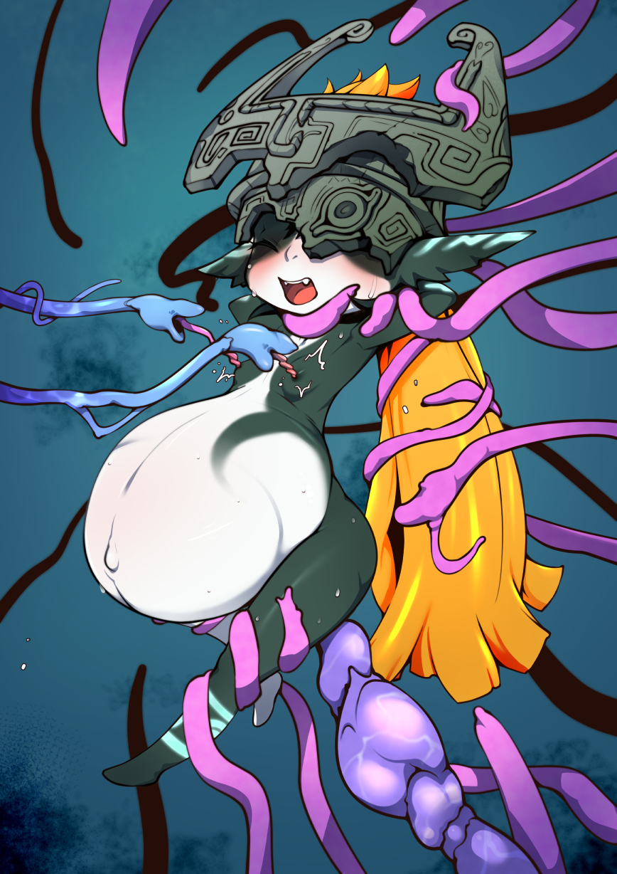 ambiguous_penetration arm_grab belly big_belly blonde_hair blush bodily_fluids bound breasts closed_eyes cum cum_inflated_breasts cute_fangs eyelashes female forced genital_fluids hair hands_behind_head hi_res humanoid humanoid_pointy_ears imp_midna inflation j7w leg_grab lifted mask midna navel nintendo nipple_fetish nipple_penetration nipple_play nipples open_mouth penetration small_breasts suspension sweat tentacle tentacle_sex the_legend_of_zelda twili twilight_princess video_games