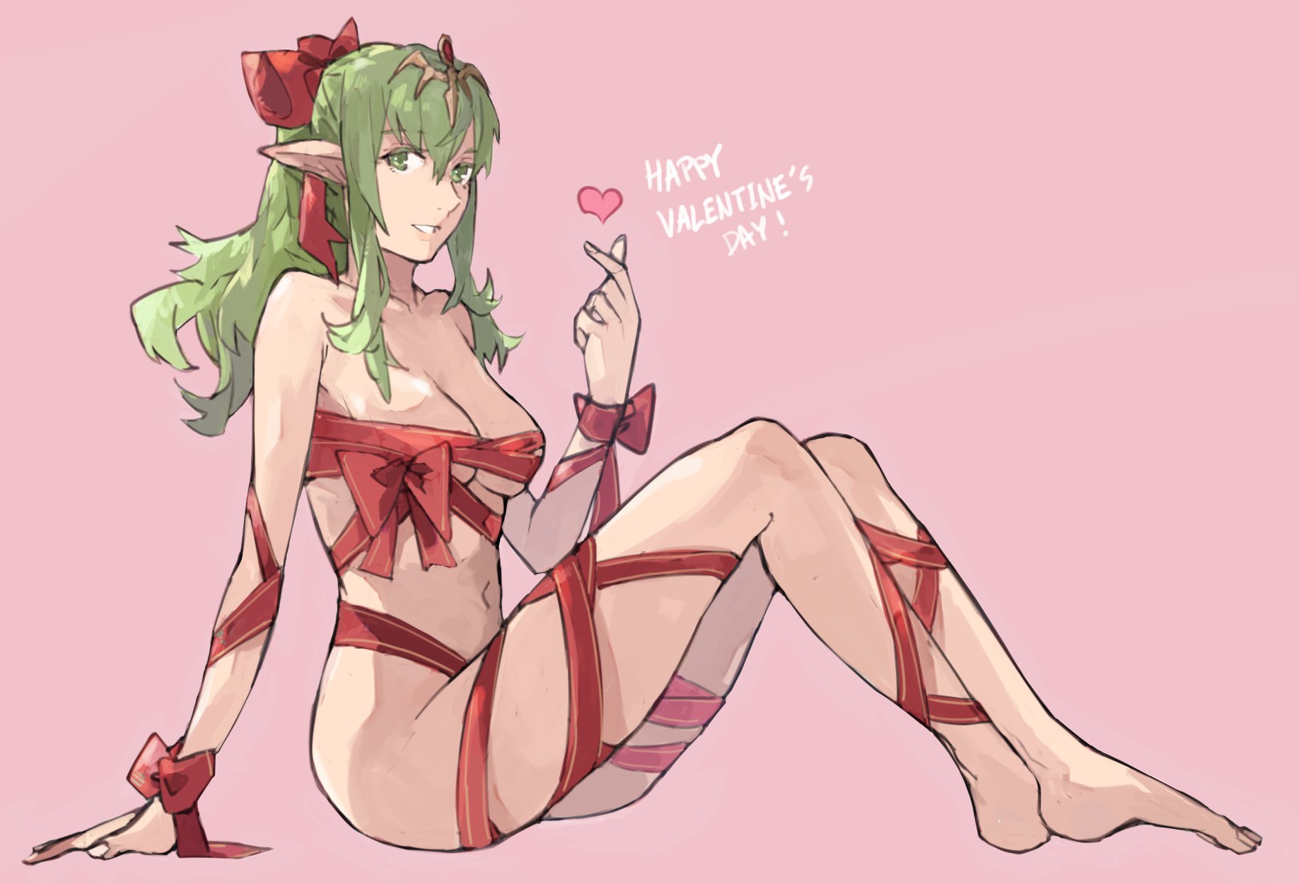 1girls, barefoot, breasts, female, fire emblem, fire emblem awakening, green eyes, green hair, long hair, looking at viewer, manakete, medium breasts, mostly nude, naked ribbon, nintendo, pointy ears, ponytail, ribbon, ribbon bondage, sakuremi, simple background, sitting, smile, solo, solo female, tiki (fire emblem), tiki (fire emblem) (adult), valentine's day