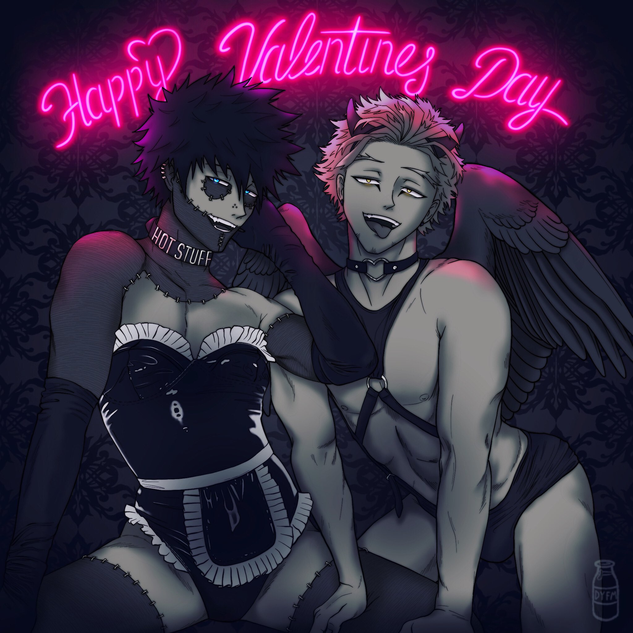 2boys, bare arms, bare shoulders, bare thighs, black hair, blonde hair, boku no hero academia, burn scar, collar, d y f m, dabi, devil horns, english text, feathered wings, femboy, gay, gloves, harness, hawks (my hero academia), heart choker, horns, keigo takami, maid, maid dress, maid outfit, maid uniform, male, multiple boys, multiple males, my hero academia, neon lights, neon sign, open mouth, scar, scars, takami keigo, text, thighs, todoroki touya, tongue, tongue out, touya todoroki, underwear, valentine's day, wings, yaoi