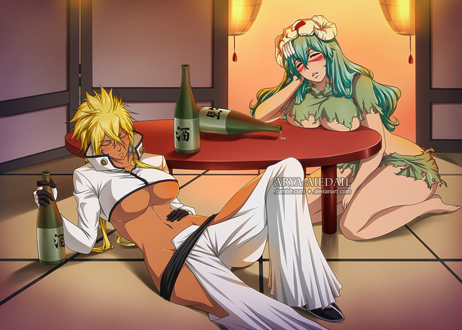 2girls, alcohol, arm support, arya aiedail, ass, barefoot, big ass, big breasts, bleach, blonde hair, bottle, breasts, closed eyes, clothed, clothing, dark skin, dark-skinned female, dress shirt, drunk, female, female only, gloves, green hair, holding object, huge breasts, indoors, jacket, kneeling, light skin, light-skinned female, long hair, lying on back, midriff, nelliel tu odelschwanck, no bra, no panties, parted lips, revealing clothes, ripped clothing, skull hair ornament, table, tia harribel, underboob, url, watermark, web address, wide hips