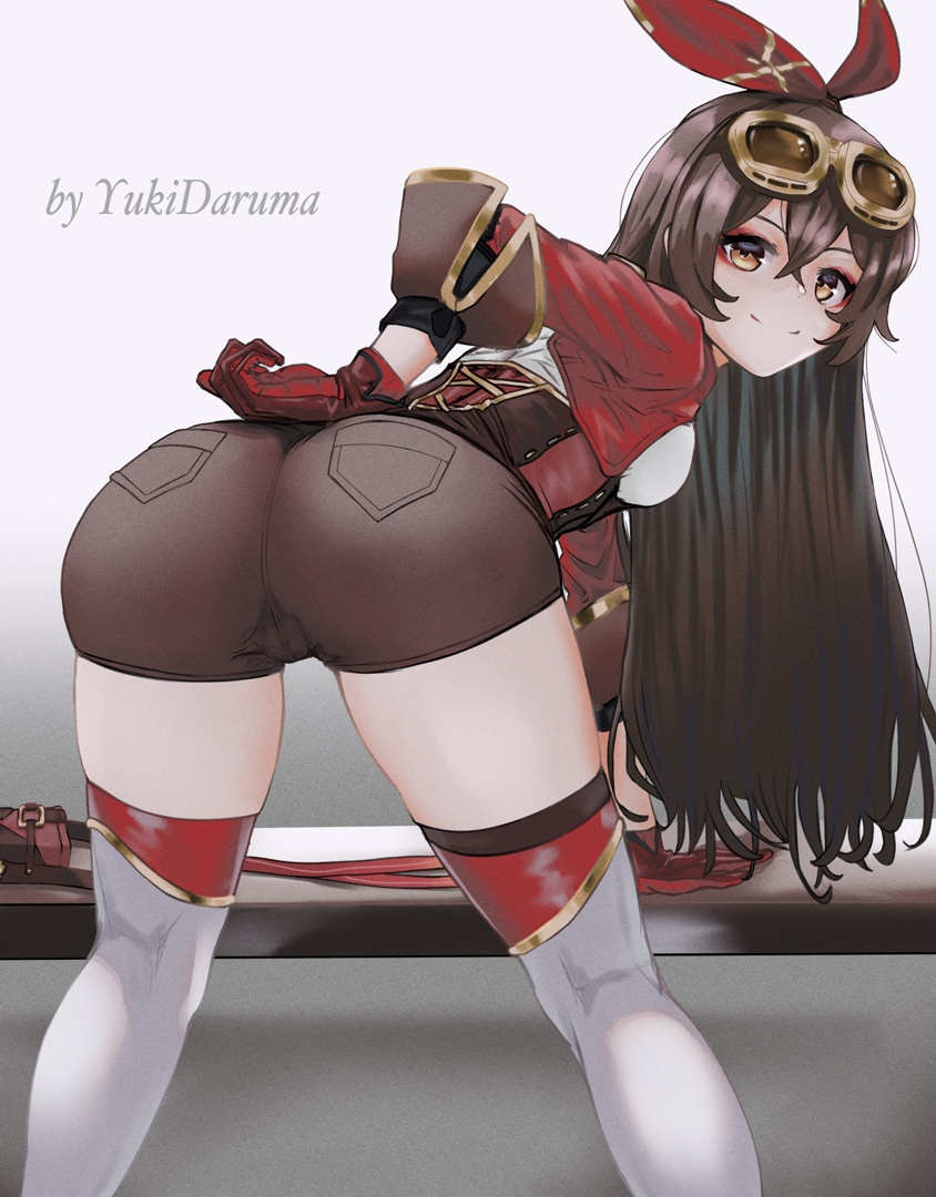 amber_(genshin_impact) ass bent_over boots booty_shorts brown_hair dat_ass female female_only genshin_impact looking_at_viewer presenting_ass round_ass short_shorts shorts thick_thighs thighhighs tight_fit yukidaruma