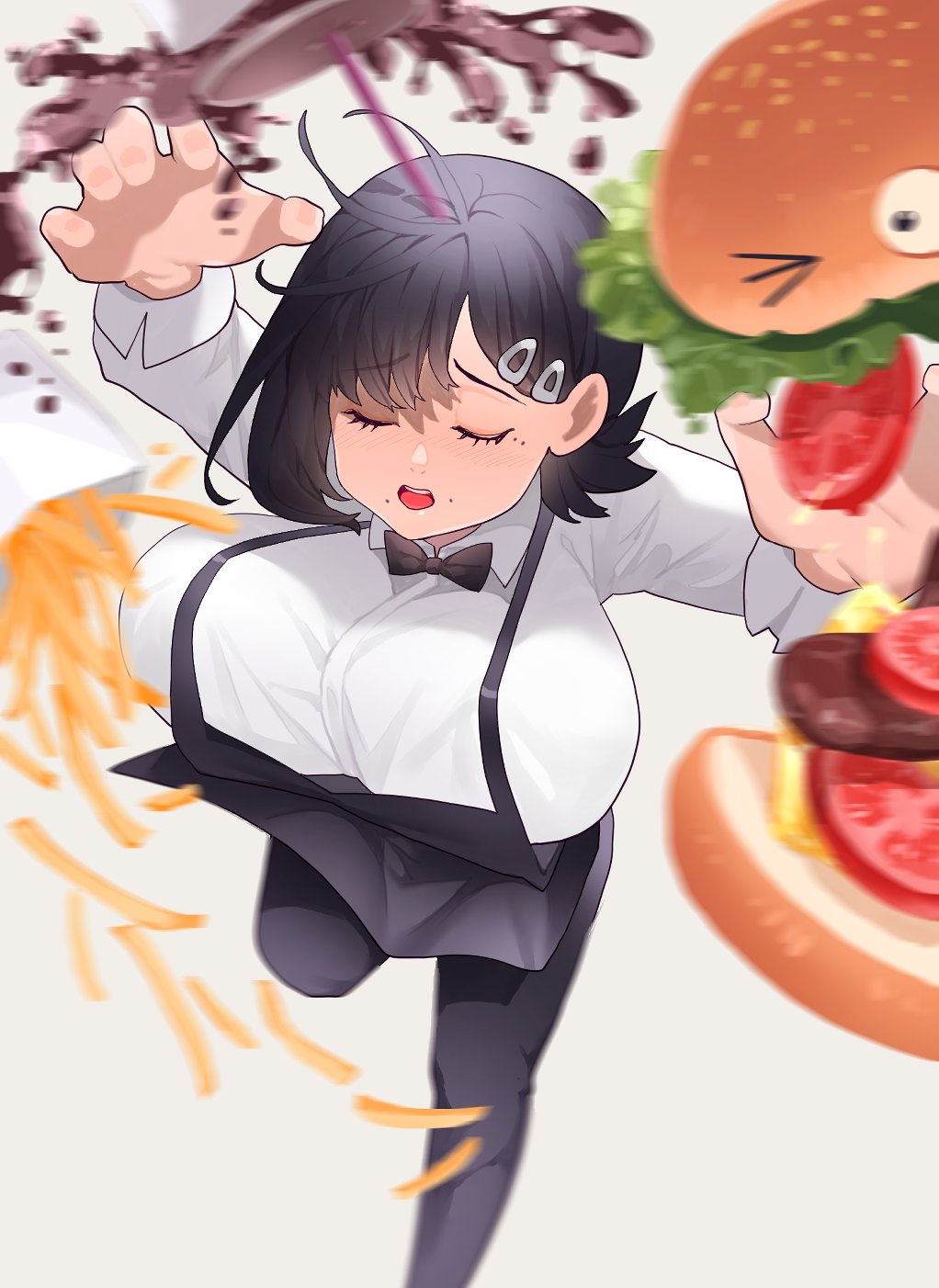alternate breast size, apron, black hair, bowtie, breasts, chainsaw man, closed eyes, clothed female, drink, female, female focus, female only, food, fries, hairclip, hamburger, higashiyama kobeni, huge breasts, large breasts, legs, open mouth, short hair, simple background, sumisumii, tripping