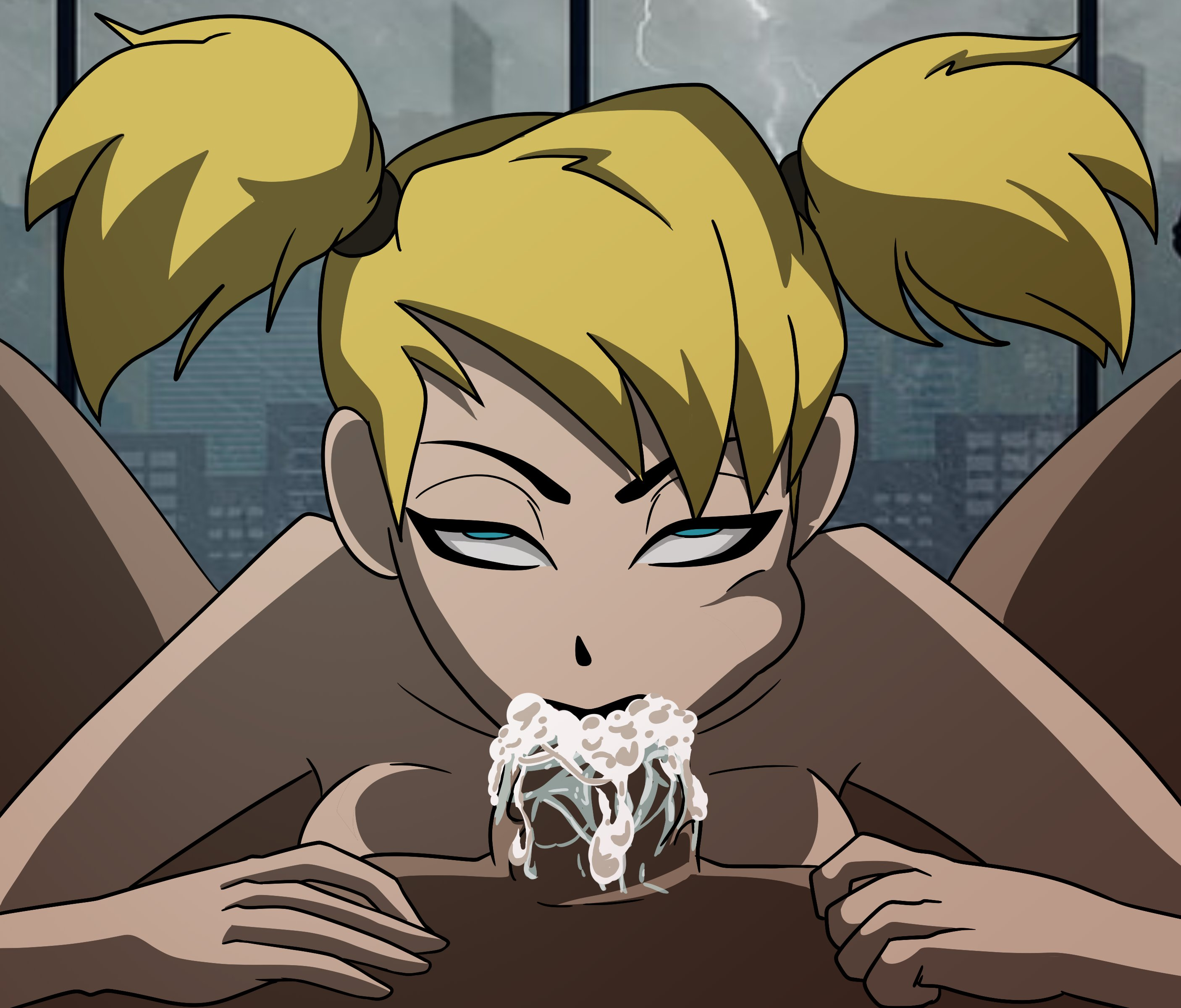 1girls, batman (series), batman and harley quinn, black lipstick, blonde hair, blowjob, blue eyes, breasts, cheek bulge, cum, cum in mouth, cum in throat, dark skin, dark-skinned male, dc, dc comics, dcau, deep blowjob, deepthroat, eye contact, eyes rolling back, faceless male, fellatio, female, female focus, hands, harleen quinzel, harley quinn, harley quinn (classic), hentainador, interracial, large penis, lipstick, male, naughty face, oral, oral sex, penis, pigtails, pov, pov blowjob, pov eye contact, saliva, saliva trail, short blonde hair, sloppy, sloppy blowjob, straight, twintails
