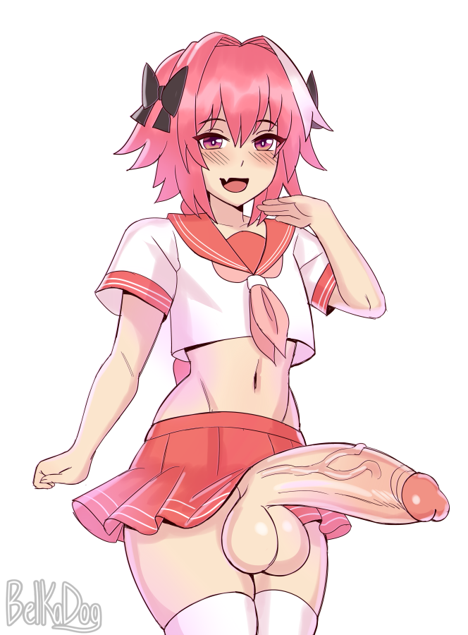 1boy astolfo_(fate) astolfo_monster_cosplay_(meme) balls belka_dog blush cuccoking erection fate/apocrypha fate_(series) femboy gigantic_penis girly huge_balls hung_trap hyper hyper_penis looking_at_viewer male male_only meme penis trap