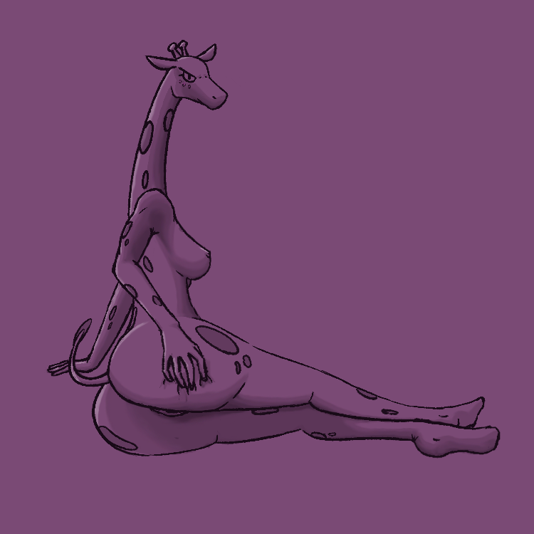 1:1 anthro bedroom_eyes female frown_eyebrows giraffe giraffid mammal monochrome narrowed_eyes nude pinup pose seductive solo spots teasing wurzzie