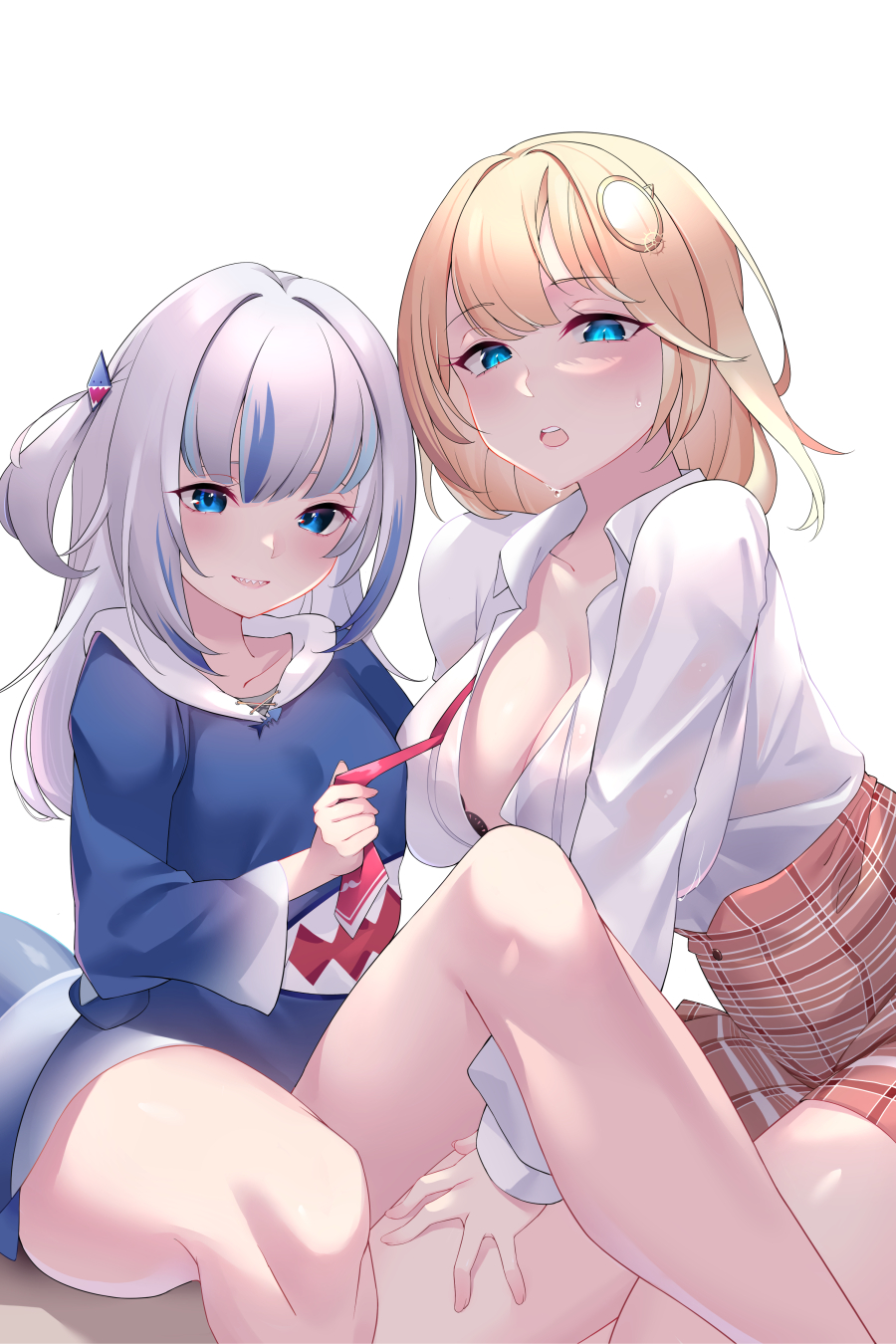 2girls, blonde hair, blue eyes, cleavage, cutting board, female, female only, gawr gura, hololive, hololive english, hololive myth, kaneko (bblogtinhan), large breasts, posing, thighs, virtual youtuber, watson amelia, white hair