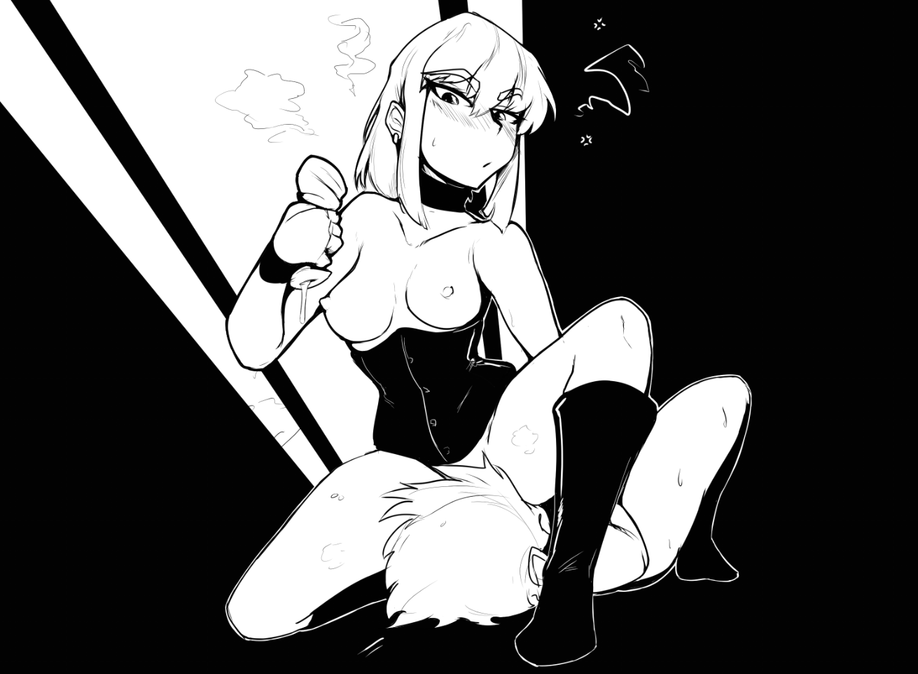 black and white, blush, corset, cunnilingus, domination, dominatrix, facesitting, female, femdom, looking at viewer, male, malesub, slave, submissive, submissive male, tang