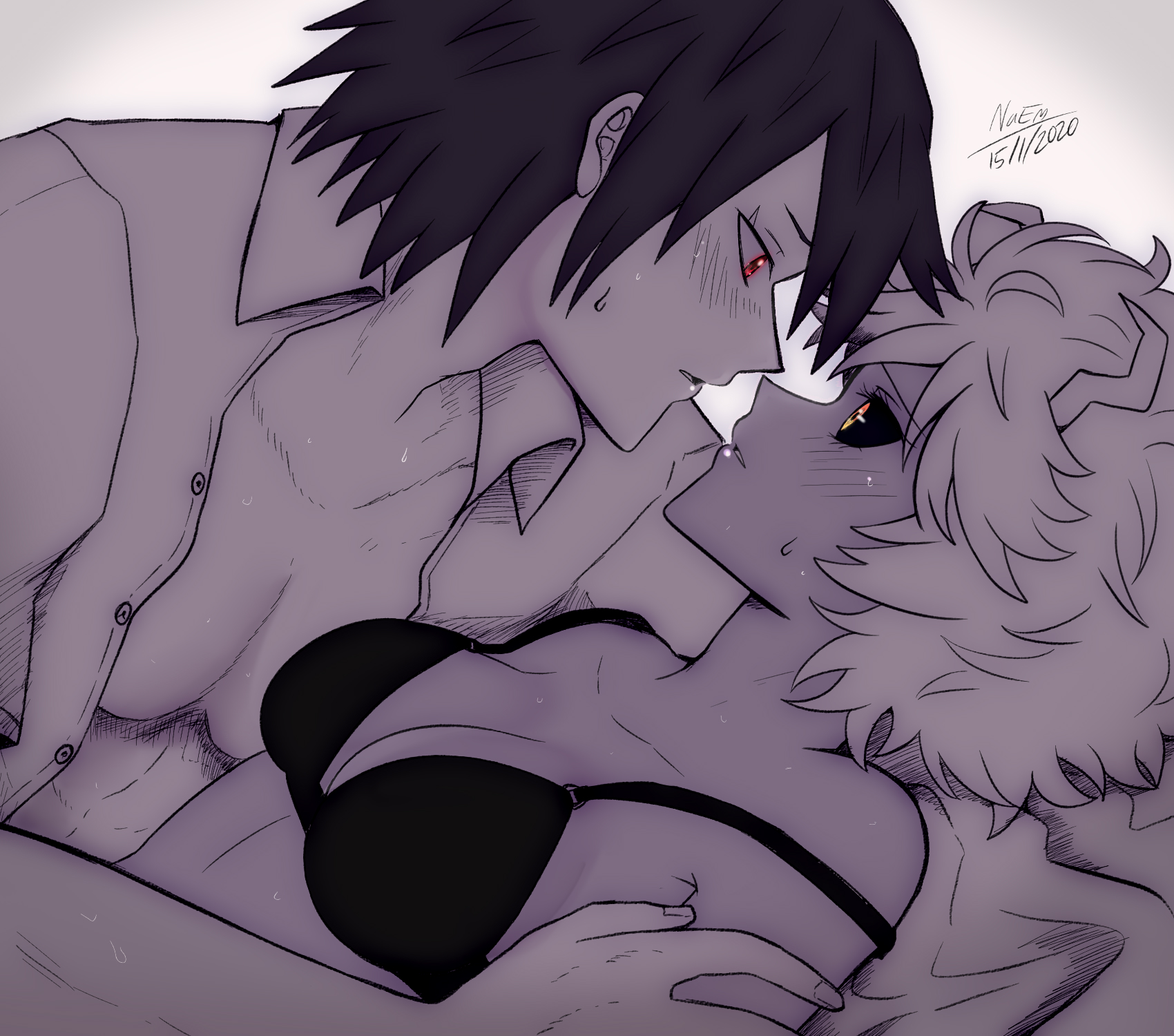 1boy, 1girls, alternate hairstyle, black bra, black sclera, blackhaiper, blush, cleavage, cute, eijirou kirishima, eye contact, fanon couple, female, golden eyes, horn, horns, kirimina, looking at partner, love, male, male/female, mina ashido, monochrome, my hero academia, naem, on bed, open shirt, passionate, red eyes, romantic, sensual, short hair, straight, suggestive, sweet, wholesome