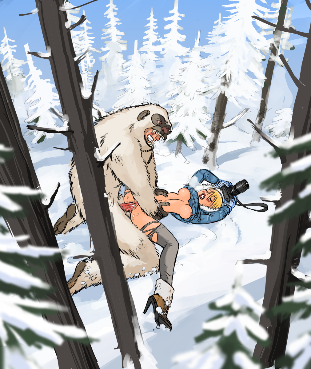 1girls ape au_(artist) blush boli-blog camera closed_eyes costume erect_nipples feral human no_bra outdoors perky_breasts questionable_consent rape shirt_lift snow spread_legs torn_clothes yeti