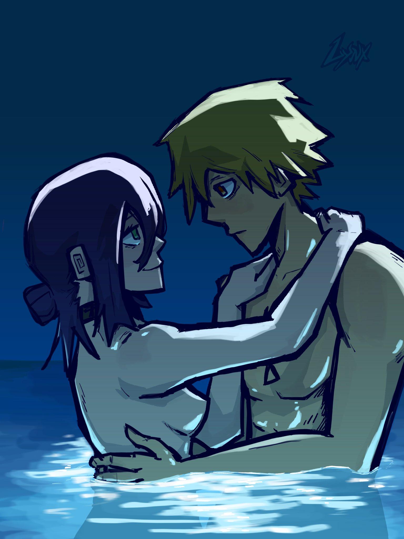 1boy, 1girls, blonde hair, chainsaw man, denji (chainsaw man), green eyes, night, nude female, nude male, pool, purple hair, reze (chainsaw man), romantic, tieflynx, wholesome