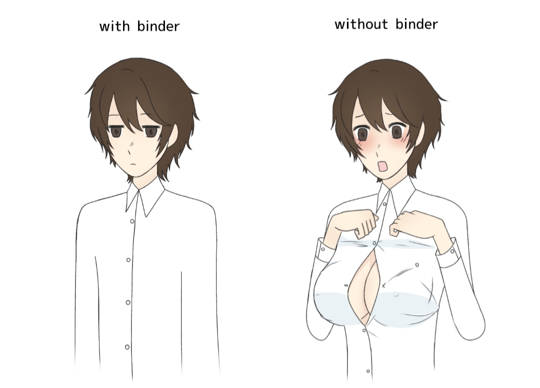 1boy, big breasts, binder, binder (clothing), blush, boob window, breasts, breasts too big, brown hair, button pop, chest binder, clothed, clothing, embarrassed, embarrassed female, female, female focus, femboytrash, hiding breasts, inconvenient breasts, male, open clothes, open shirt, original character, ripped clothing, ripped shirt, self insert, shirt open, short hair, solo female, tboy, too small clothes, trans man, trans man (lore), transmasc, unbuttoned shirt, white shirt