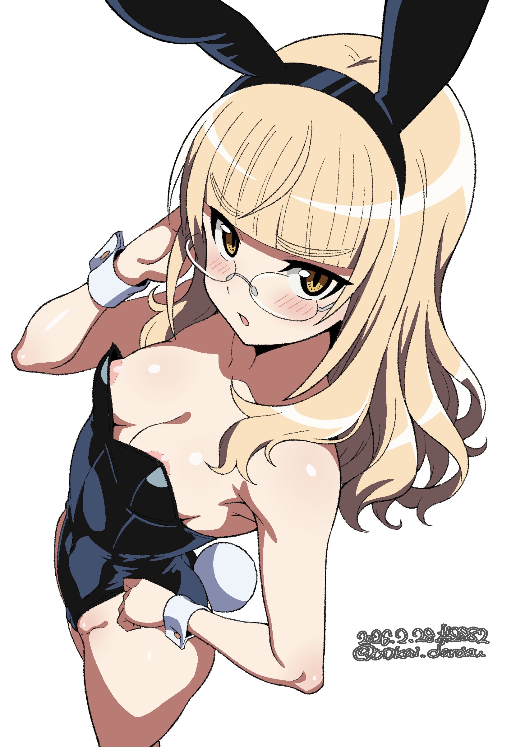 1girls, areolae, blonde hair, bunnysuit, exhibitionism, exhibitionist, megane, perrine h. clostermann, strike witches, unkai daraku, world witches series
