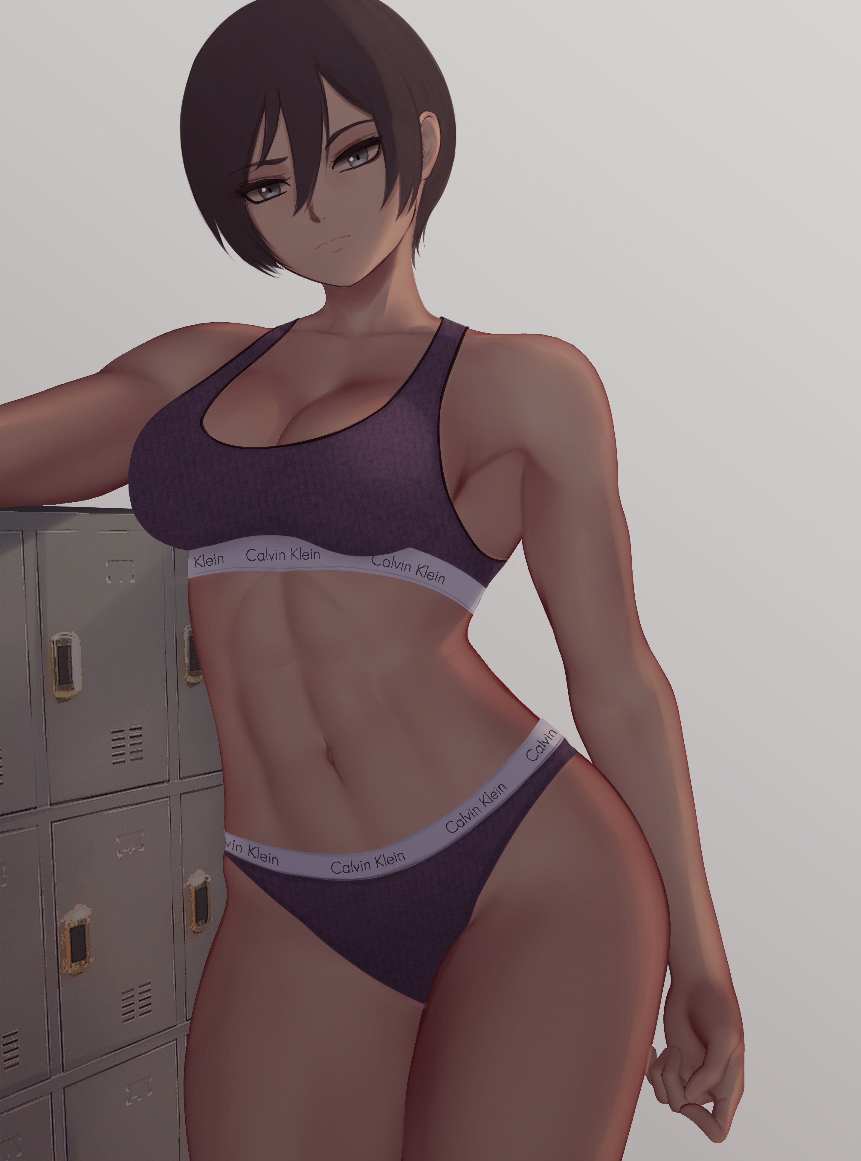 1girls, abs, attack on titan, black hair, calvin klein, female, female only, fit, fit female, locker, mikasa ackerman, muscular, muscular female, shingeki no kyojin, short hair, solo, sports bra, sportswear, underwear, very short hair, workout clothes, zaki btw