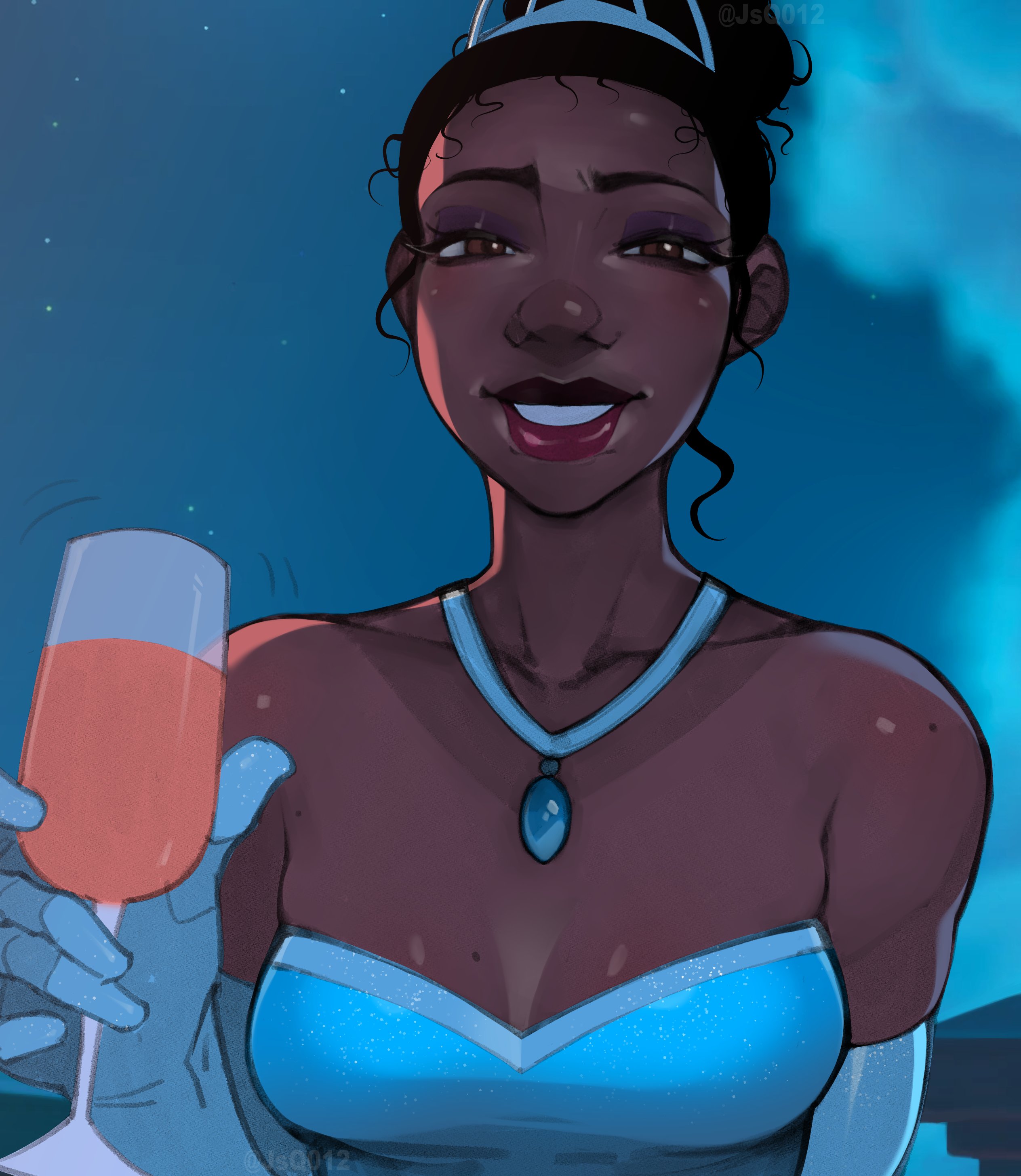 1girls, alcohol, clothing, dark skin, dark-skinned female, drink, jsq012, large breasts, looking at viewer, princess dress, princess tiana, the princess and the frog, tiana, wine
