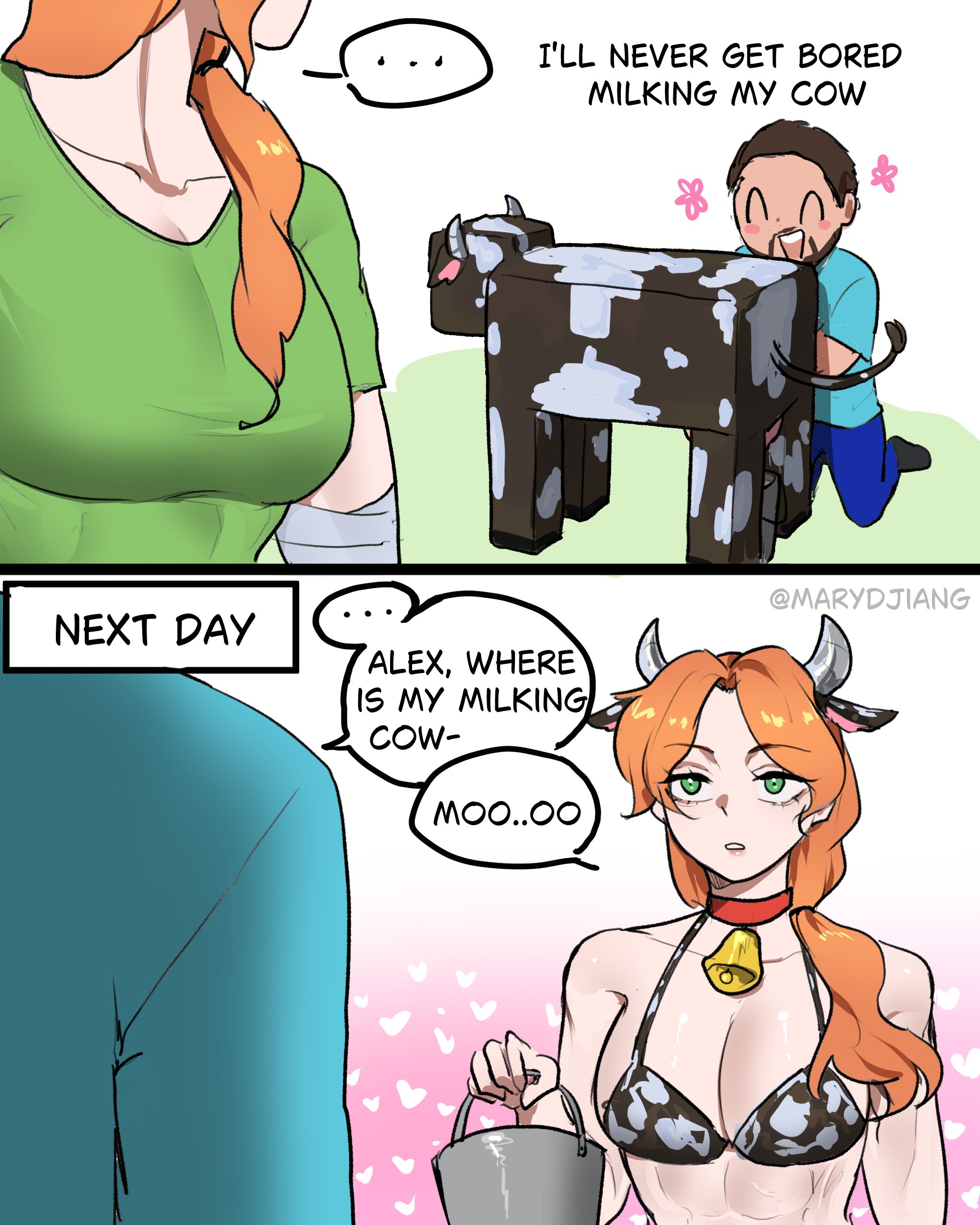 1boy, 1girls, abs, alex (minecraft), animal print, bare shoulders, bra, breasts, brown hair, bucket, choker, cleavage, cow, cow (minecraft), cow bell, cow bell collar, cow ears, cow horns, cow pattern, cow print, cow print bikini, cowbell, cowbell collar, facial hair, fake animal ears, fake cow ears, fake cow horns, green eyes, holding object, inviting, kneeling, long hair, looking at another, marydjiang, milking, minecraft, minecraft mob, orange hair, panties, semi nude, shirt, short hair, speech, speech bubble, steve (minecraft), tagme, text
