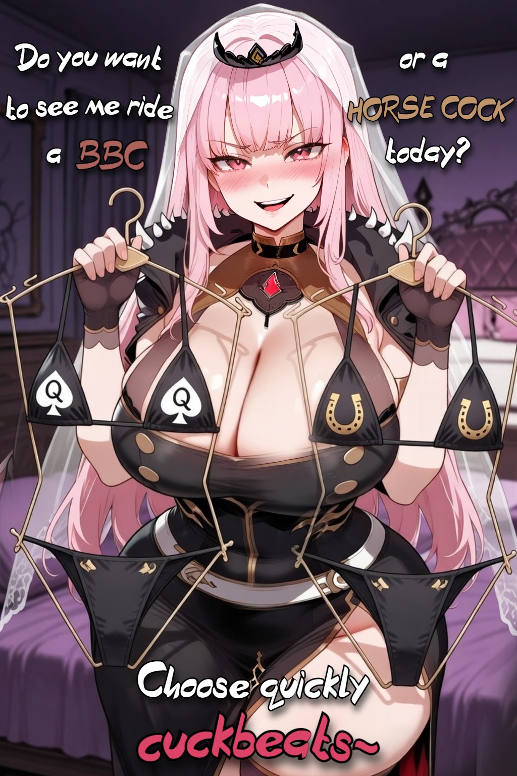 1girls, ai generated, aisunshine, bangs, big breasts, big hips, big legs, big thighs, bikini, black dress, black tiara, blacked, blush, blushing female, blushing profusely, breasts, caption, captioned, choice, cleavage, curvaceous, curvaceous body, curvaceous female, curvaceous figure, curvy, curvy body, curvy female, curvy figure, dress, english text, female, hips, hololive, hololive english, hololive myth, horsed, huge breasts, huge hips, huge legs, huge thighs, large breasts, large hips, large thighs, large tits, legs, light skin, light-skinned female, long hair, looking at viewer, mori calliope, only female, perfect body, pink eyes, pink hair, qos, qos clothing, queen of spades, queen of spades symbol, sexy, sexy body, slit dress, talking to viewer, text, thick breasts, thick hips, thick legs, thick thighs, thick tits, thighs, tiara, veil, virtual youtuber, vtuber