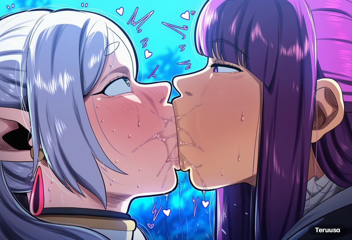 2girls, ai, ai art, ai generated, deep kissing, fern (sousou no frieren), forced, forced kiss, forest, frieren, futa with female, futanari, grass, kissing, saliva, sousou no frieren, teruusa, yuri