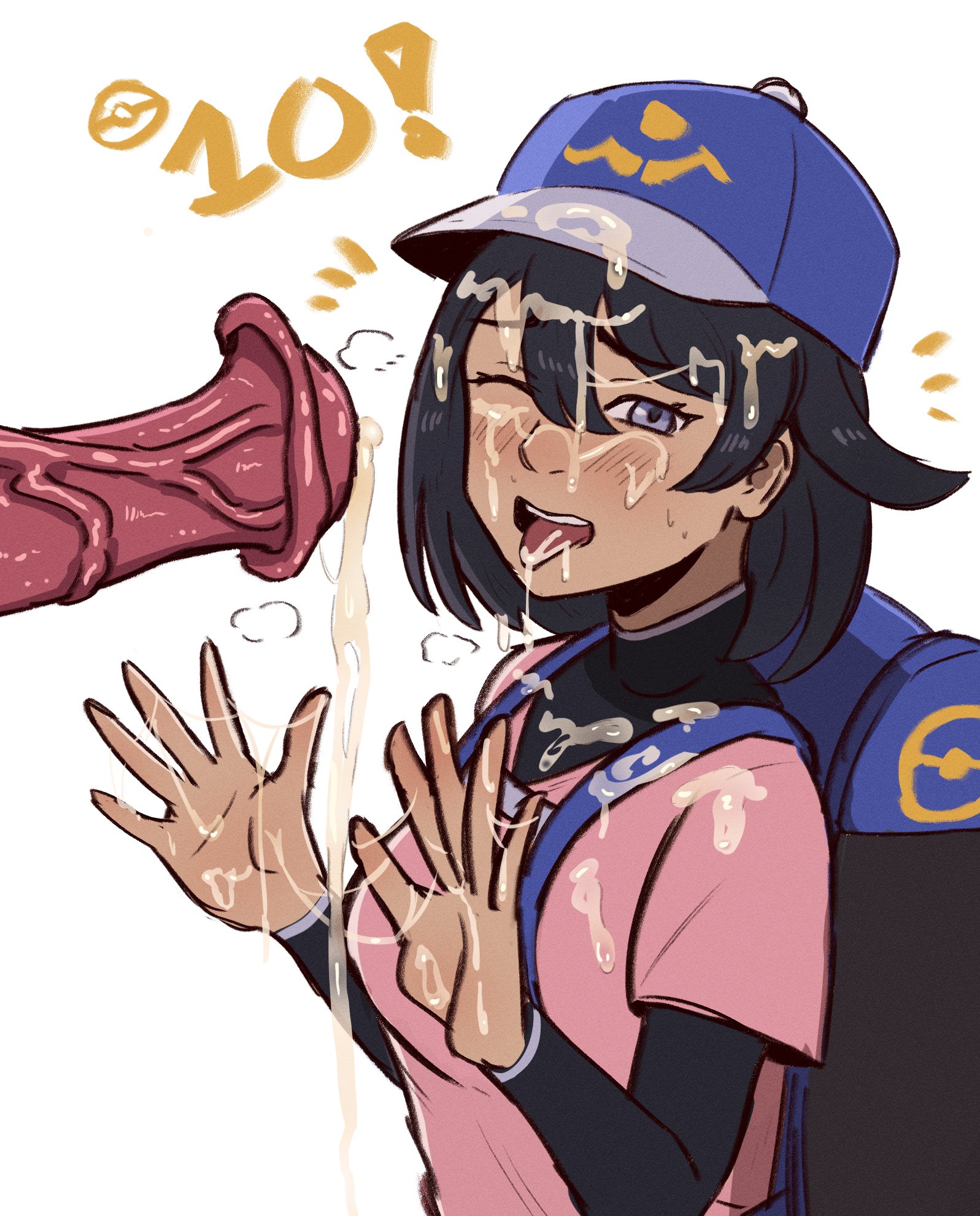 animal genitalia, baseball cap, clothed, cum, cum on body, cum on face, cum on fingers, cum on hair, cum on tongue, facial, female pokemon protagonist, female protagonist (pokemon ww), fully clothed, game freak, gamefreak, hat, horse penis, horsecock, nintendo, one eye closed, pokemon, pokemon ww, province (artist), steam