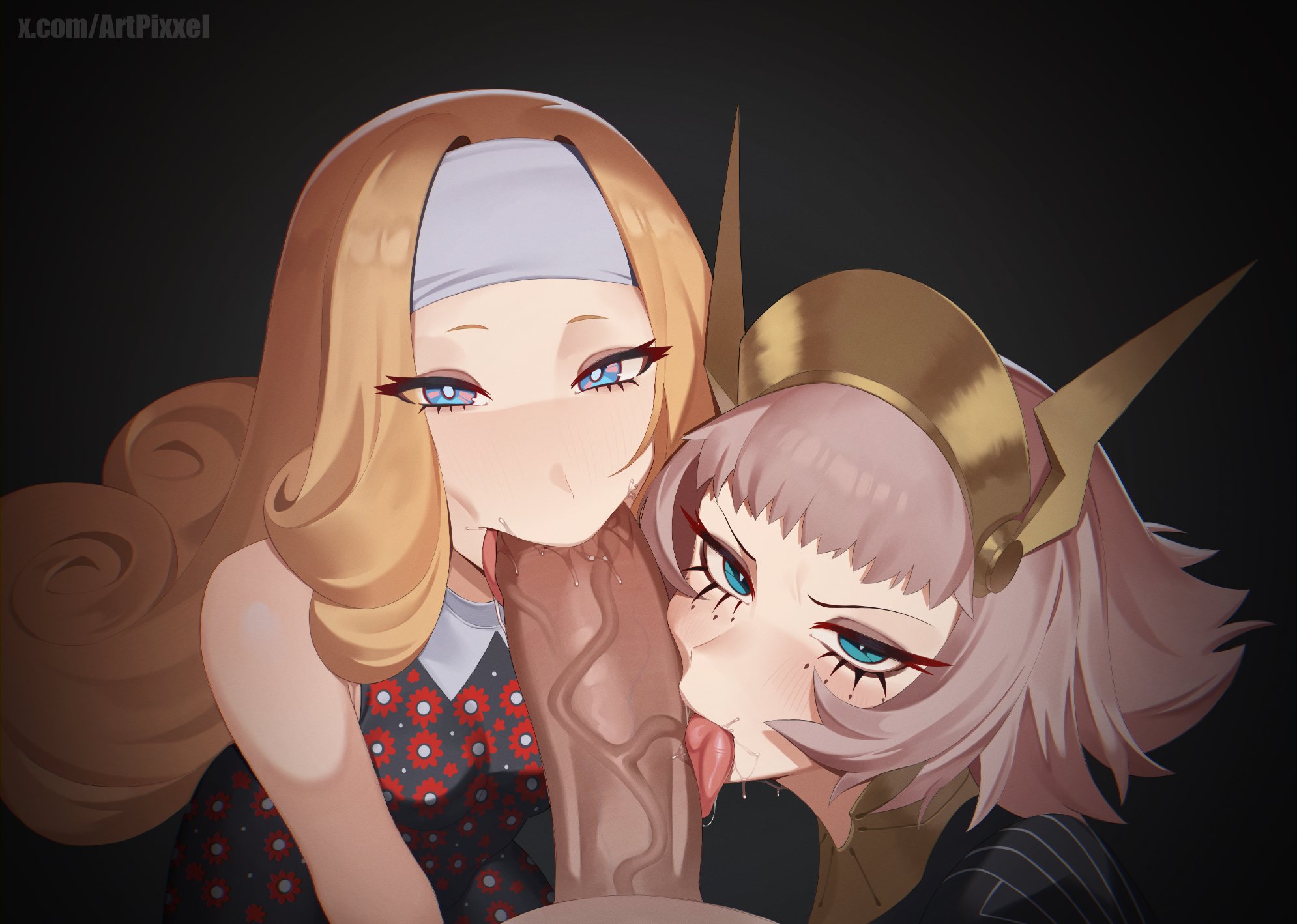 atlus, blonde hair, blowjob, double blowjob, huge cock, junah, metaphor: refantazio, pixxel, rella melancoryphus cygnus, shimaidon, sisters