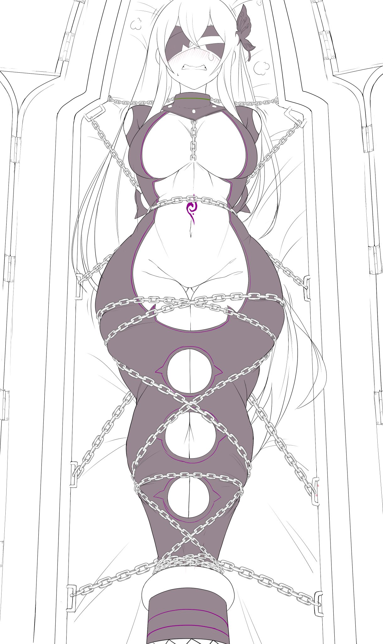 bagelbomb, big breasts, blindfold, breasts, chains, daphne (re:zero) (cosplay), echidna (re:zero), female, hips, long hair, monochrome, re:zero kara hajimeru isekai seikatsu, restrained, teeth clenched, white hair