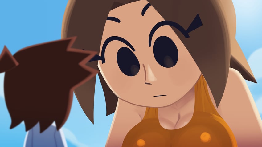 1boy, 1boy1girl, 1girl1boy, brown hair, brown hair female, brown hair male, brunette, brunette female, brunette hair, cleavage, did you want to talk?, female, giantess, meme, mii, mii gunner, mii gunner (smash 4), mob face, nintendo, scott falco, scottfalco (artist), size difference, super smash bros., super smash bros. for nintendo 3ds and wii u, tomodachi life, tomodachi life: living the dream