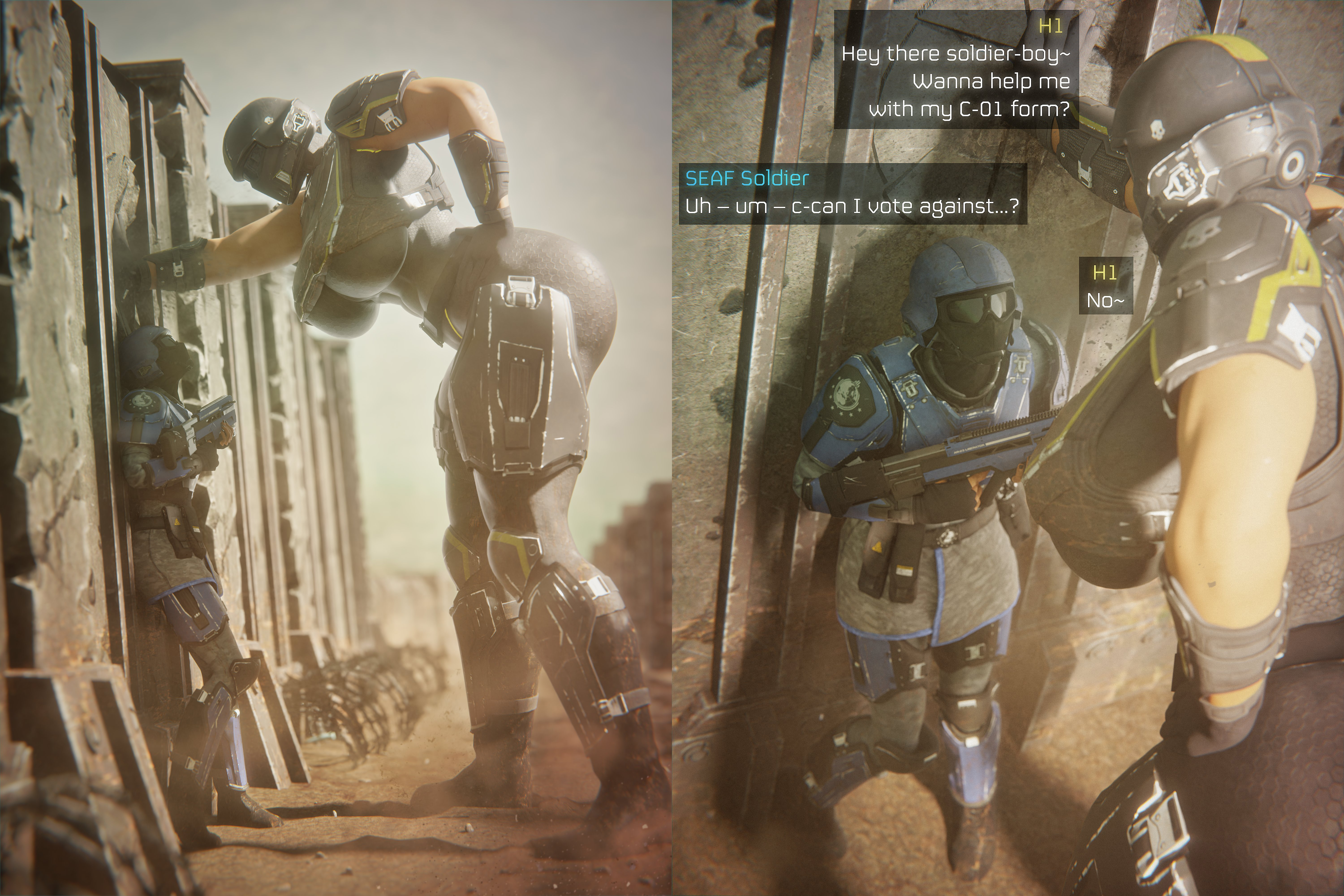 1boy, 1girls, against wall, arrowhead game studios, big ass, big breasts, big d0rk, bigger female, helldiver (helldivers), helldivers, helldivers 2, huge ass, huge breasts, imminent sex, inevitable sex, looming, looming over, military uniform, muscular female, seaf soldier (helldivers), size difference, tall female, taller female, thick ass, thick thighs