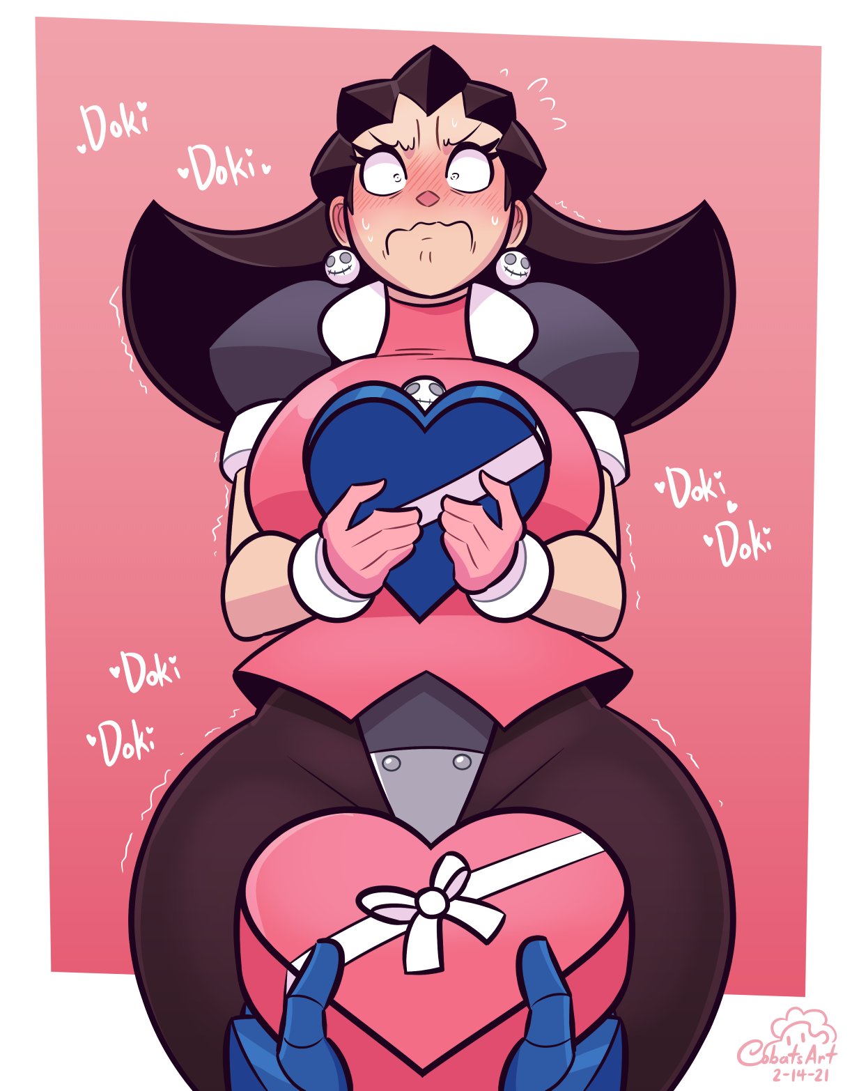 big_breasts blush brown_hair chocolate cobatsart curvy female flustered male_pov mega_man mega_man_legends mega_man_volnutt partial_male pov pov_eye_contact thick thick_thighs tron_bonne valentine's_day wholesome wide_hips