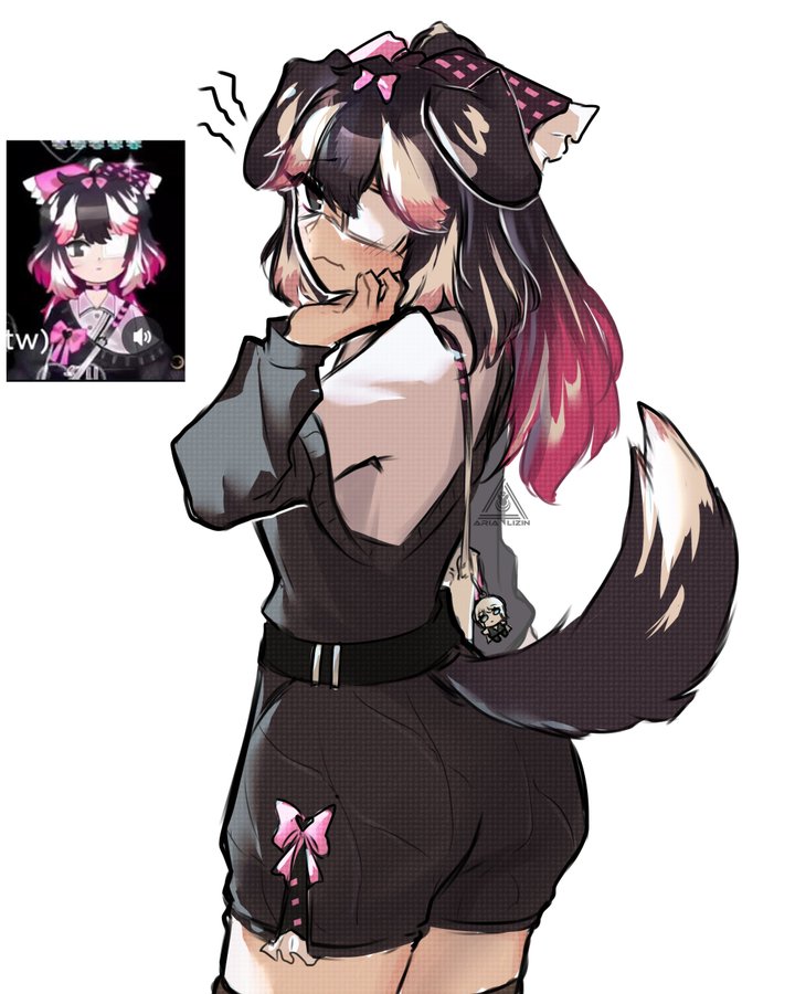arializen, ass, black clothing, black hair, bow, eyepatch, jang schna, menhera, pink hair, project moon, suggestive, tail, white hair, white shirt