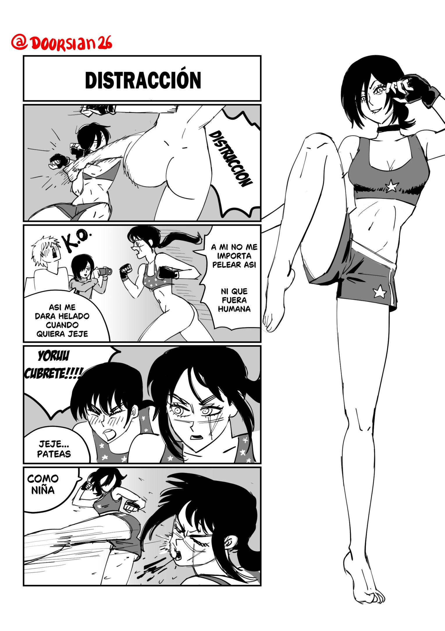 1boy, 3girls, 4koma, ass, black and white, blush, bottomless, chainsaw man, comic, denji (chainsaw man), doorsian26, fight, manga page, mitaka asa, monochrome, nayuta (chainsaw man), partially clothed, reze (chainsaw man), spanish dialogue, twitter username, yoru (chainsaw man)