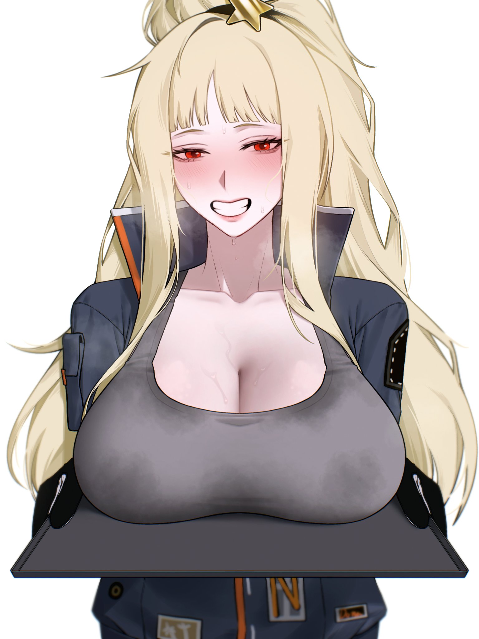 1girls, artist request, big breasts, blonde hair, blush, blushing, blushing at viewer, blushing female, breasts, distortion detective, ezra (distortion detective), female, huge breasts, limbus company, ponytail, project moon, red eyes, smile, smile at viewer, sweat, sweat stain, sweating, sweaty, sweaty breasts, teeth, teeth showing, tray