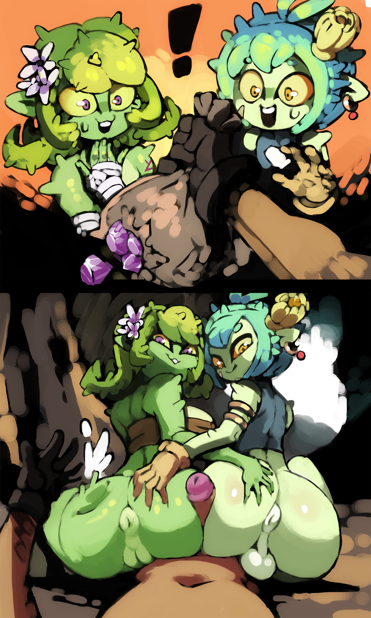 1girls, 2boys, anus, ass, ass grab, assjob, balls, bisexual, bisexual male, bittenhard, buttjob, cactus, comic, female, femboy, flower in hair, from behind, gay, green hair, male, orange eyes, original character, plant, plant girl, pov, purple eyes, spanking, straight, trap, yaoi