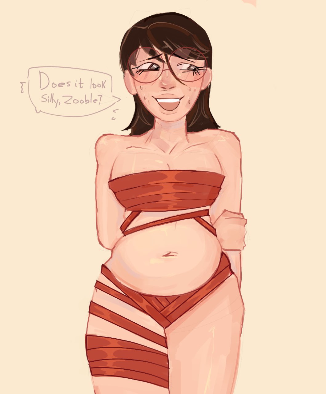 1girls, arms behind back, blush, breasts, brown hair, chubby, cupidpods, english text, female, female only, gangle (the amazing digital circus), gijinka, glasses, hand behind back, humanized, light skin, light-skinned female, looking away, muffin top, navel, nervous smile, red ribbon, ribbon, ribbon bondage, ribbon only, round glasses, simple background, smile, solo, solo female, sweat, sweaty, sweaty face, text, the amazing digital circus, thighs, tied up, tummy