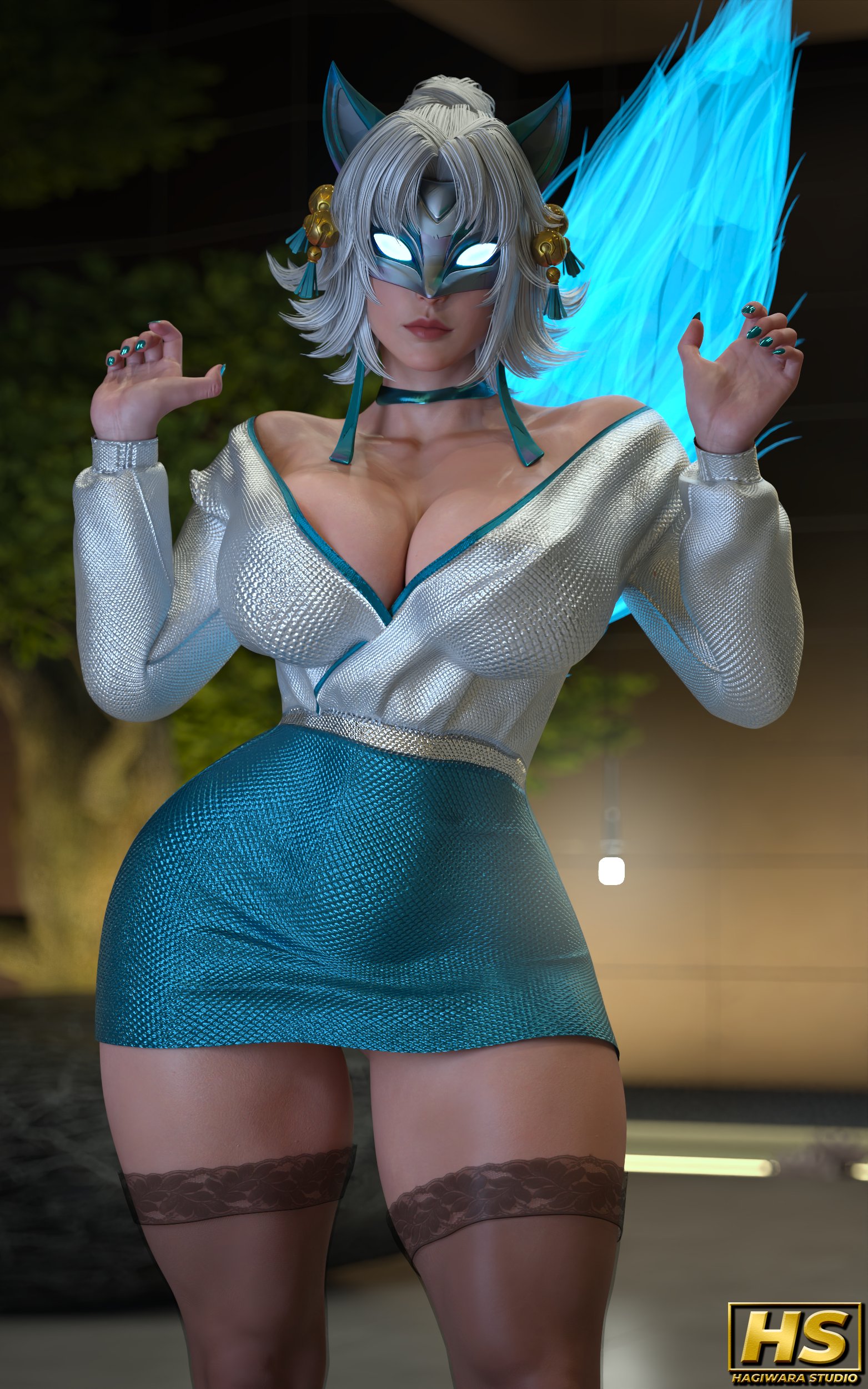 1girls, 3d, ami han, big ass, big breasts, cleavage, clothed, female, female only, fully clothed, hagiwara studio, marvel, marvel rivals, solo, solo female, standing, thick thighs, white fox (marvel rivals), white fox (marvel)