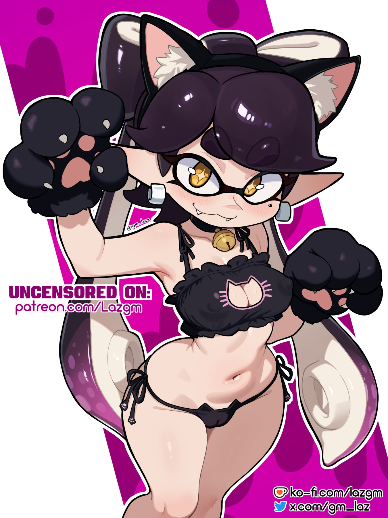1girls, bell choker, bell collar, black hair, black panties, breasts, callie (splatoon), cat bell, cat ears, cat paws, female, female only, gm laz, laz gm, light skin, light-skinned female, nipple bulge, panties, patreon, pseudo hair, small breasts, solo, solo female, splatoon, splatoon (series), tagme, twitter username, white background