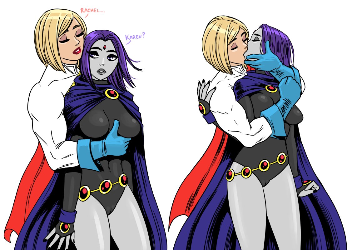 2girls, age difference, alternate breast size, belt, big breasts, black nails, blonde female, blonde hair, bob cut, breast grab, breasts, cameltoe, cape, cloak, closed eyes, clothed, clothing, dc, dc comics, dialogue, embrace, eyeshadow, female, female only, flick, footwear, gloves, grey skin, hand on another's face, hand on breast, karen starr, kissing, large breasts, leotard, lesbian, lipstick, making out, muscular, muscular female, nail polish, outerwear, pale skin, power girl, purple eyes, purple hair, pussy, rachel roth, raven (dc), romantic, skin tight, straight hair, superheroine, superman (series), teen titans, text, toned, white background, yuri