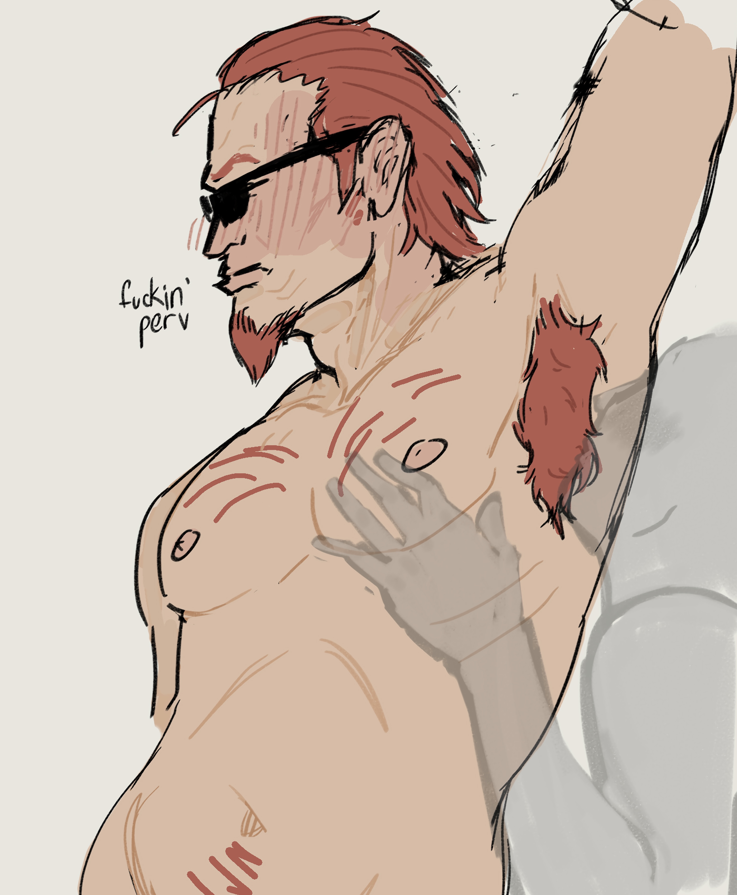 armpit hair, armpit sniffing, armpits, blush, body hair, chest hair, evakat, flustered, ginger, ginger hair, goatee, happy trail, looking away, male, postal (series), postal dude, unknown character