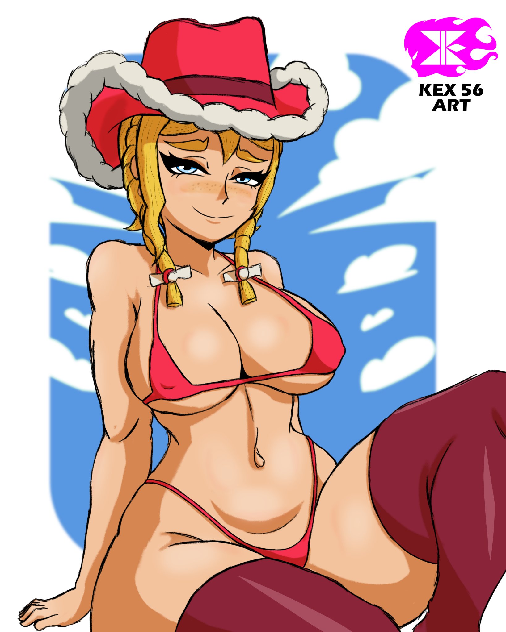 big boobies, big booty, big booty (female), big breasts, big butt, big thighs, big titties, blue eyes, blue sky, braid, braids, breasts, brown skin, burnette, chubby, chubby ass, chubby female, chubby legs, cowboy hat, cowgirl, female human, female only, freckles, freckles on face, kex56 art, kitt (pokemon), peasant woman, pigtail, pokemon, pokemon champions, red bikini, red stockings, rucola (pokemon), sexy body, sexy female, sexy pose, stockings, tight bikini, tight clothes, twintails, two braids, yellow hair