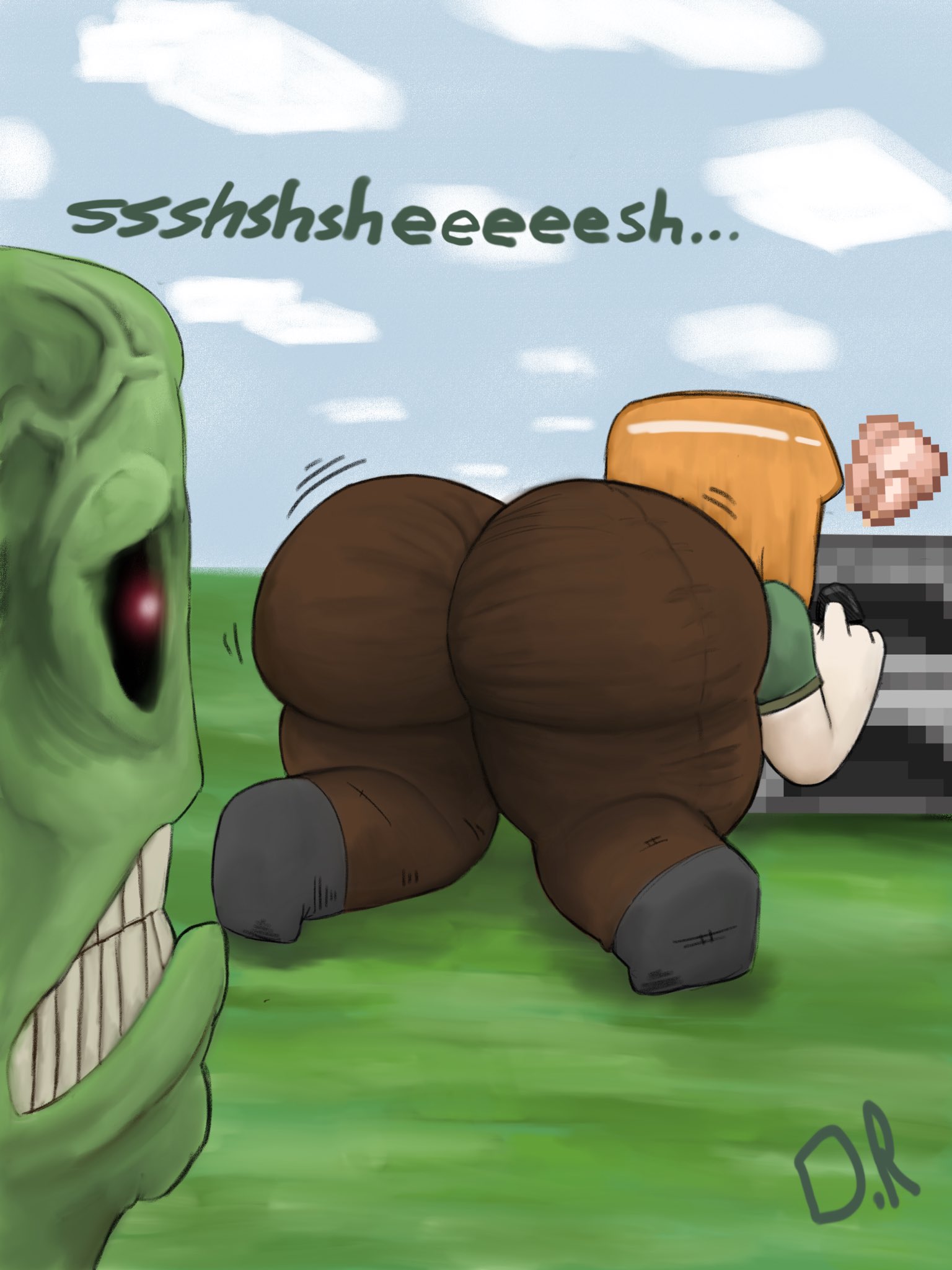 alex (minecraft), all fours, artist request, ass, ass focus, big ass, clothed, clothing, clueless, clueless female, cooking, creeper, crouching, crouching female, fat ass, from behind, furnace, ginger, glowing eyes, green body, huge ass, imminent rape, imminent sex, looking at another, looking at another's butt, mcbrickeater, minecraft, monster, monster on female, round ass, thick thighs, thighs