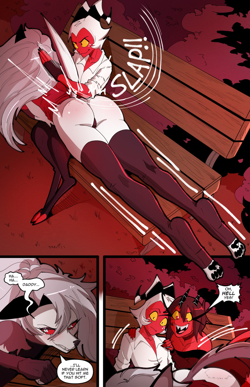 1boy, 2girls, anthro, ass, bench, claws, cleavage, clothed, clothing, comic, dress, excited, feet, female, helluva boss, loona (helluva boss), male/female, millie (helluva boss), moxxie (helluva boss), panties, park, park bench, punishment, slap, smacking ass, smile, spanking, swain (artist), tagme, topwear, underwear