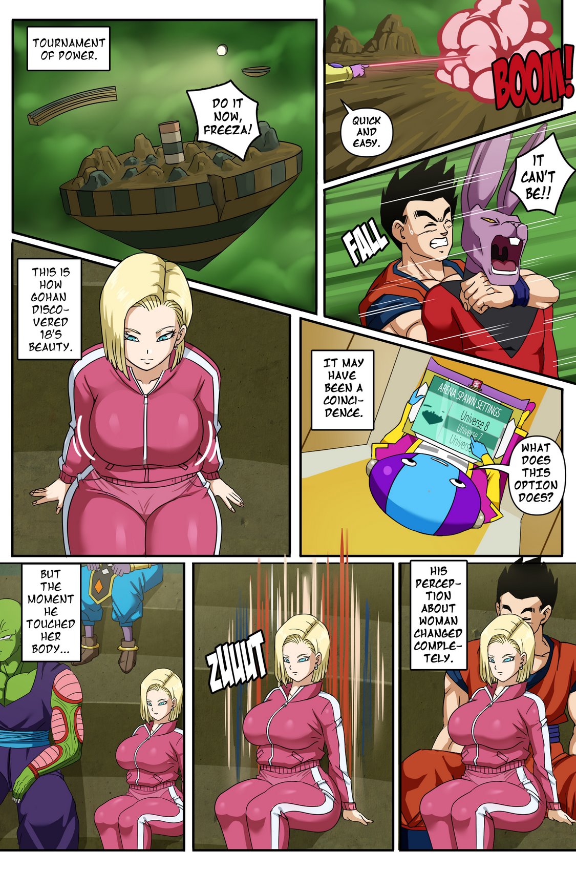 1boy, 1girls, android, android 18, black hair, blonde hair, breasts, busty, cleavage, comic, dragon ball, dragon ball super, english text, female, hourglass figure, human, jumpsuit, large breasts, light skin, light-skinned female, light-skinned male, lower body, male, male/female, milf, muscular, muscular male, panels, pinkpawg, short hair, shounen jump, son gohan, straight, text, toned, upper body, voluptuous