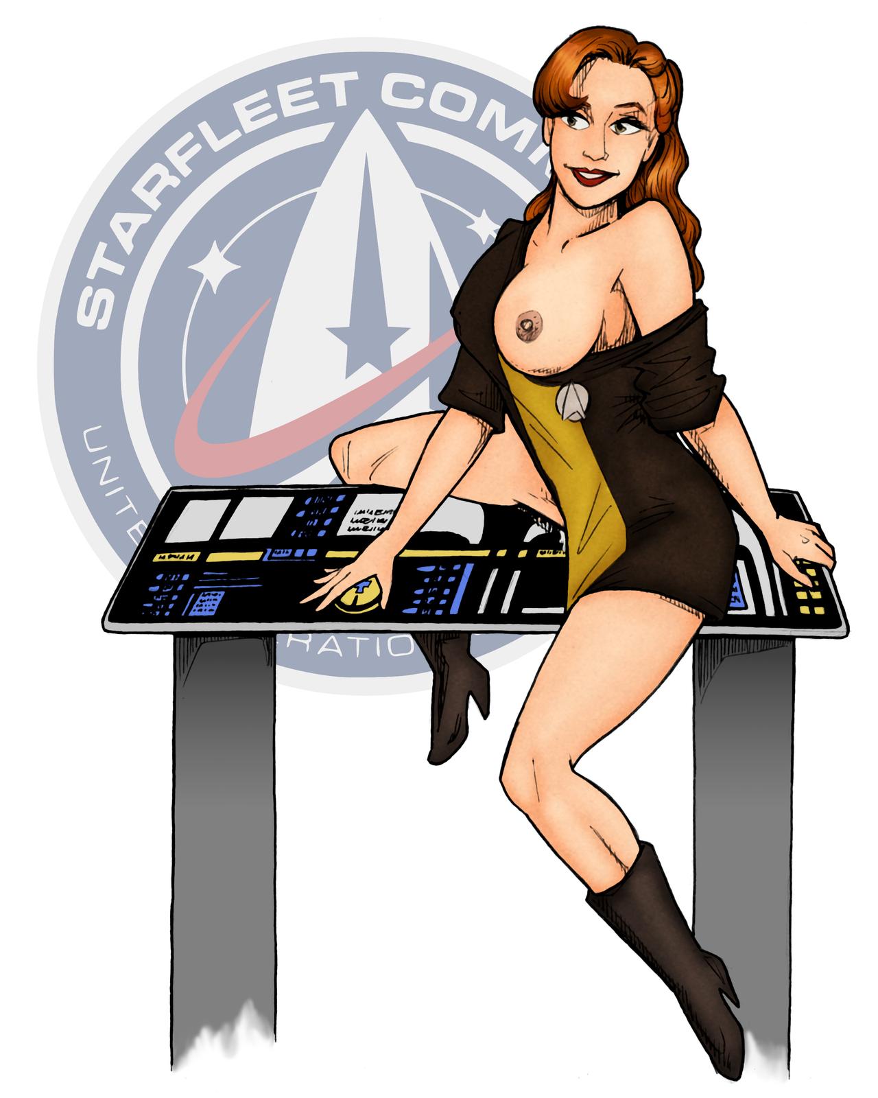 1girls 2020 areolae boots breasts breasts_out cheryl_noble_(sarkan299) english_text erosarts female female_only glands_of_montgomery human lcars lon_ryden nipples redhead sitting solo solo_female star_trek starfleet_insignia starfleet_uniform text