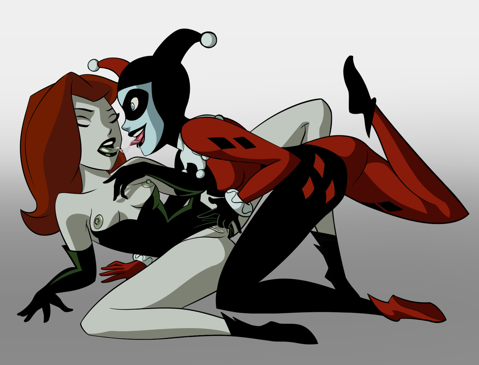 2girls, ass, batman (series), batman: the animated series, blue eyes, bodysuit, boots, breasts, canon couple, closed eyes, clothed, dc, dc comics, dcau, female, female only, french kiss, harley quinn, harley quinn (classic), human, imminent sex, jester cap, kissing, leotard, leotard aside, lipstick, long hair, mistermultiverse, multiple females, multiple girls, nipples, orange hair, plant girl, poison ivy, poison ivy (dcau), pussy, saliva string, saliva trail, spread legs, the new batman adventures, tongue, tongue out, vagina, yuri