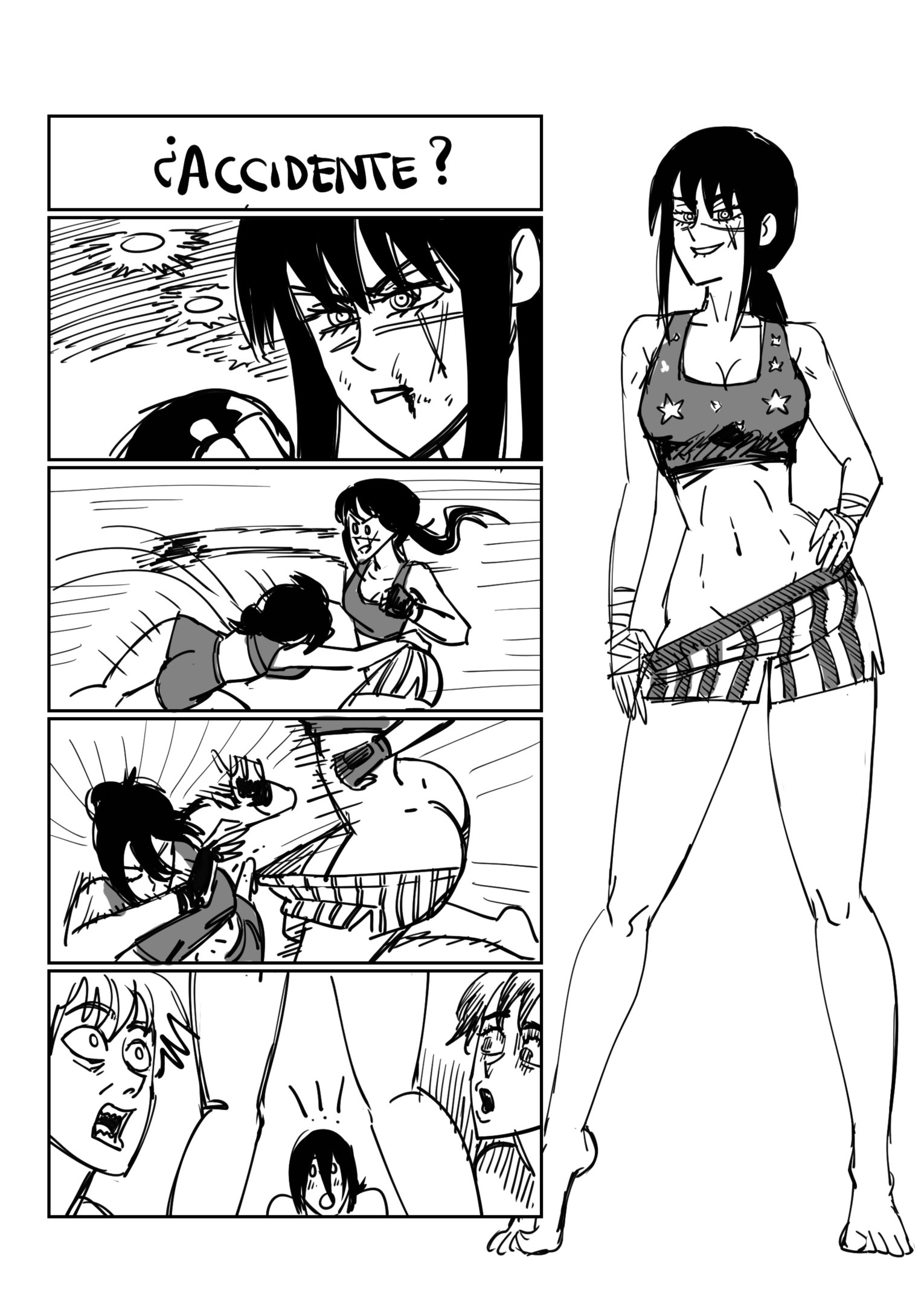 1boy, 2girls, 4koma, big ass, chainsaw man, clothed, comic, denji (chainsaw man), doorsian26, fight, manga page, mitaka asa, partially, reze (chainsaw man), spanish text, twitter username, yoru (chainsaw man)