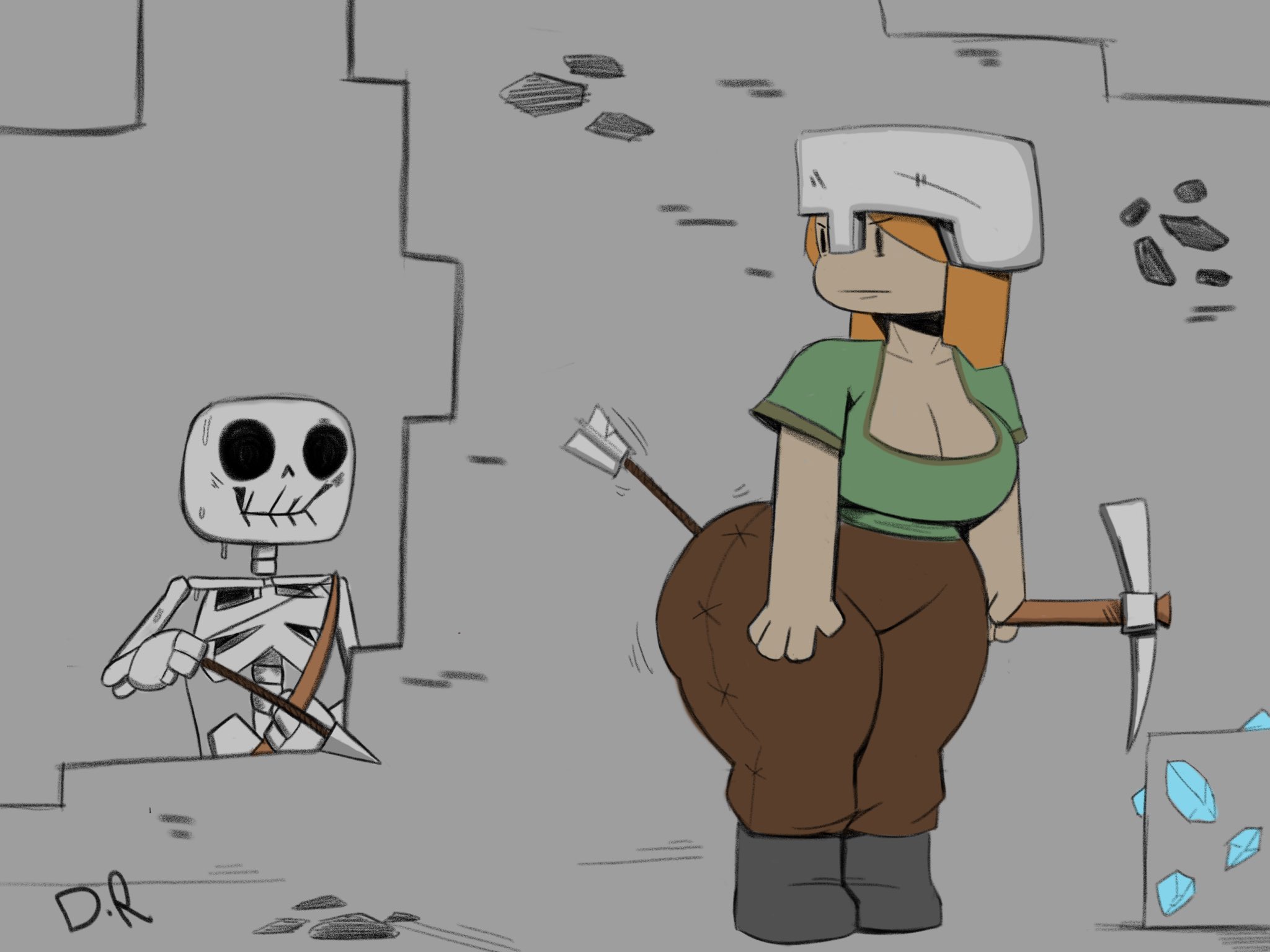 alex (minecraft), angry, angry expression, arrow on ass, arrows, artist request, big ass, big breast, cave, cavern, clothed, clothing, diamond, fat ass, hourglass figure, hourglass figured female, large breasts, looking at another, mcbrickeater, minecraft, mining, mining helmet, nervous, nervous sweat, pickaxe, round ass, shooting, shooting arrows, skeleton, skeleton (minecraft), square, square (anatomy), square head, thick thighs, thighs, wobbling ass