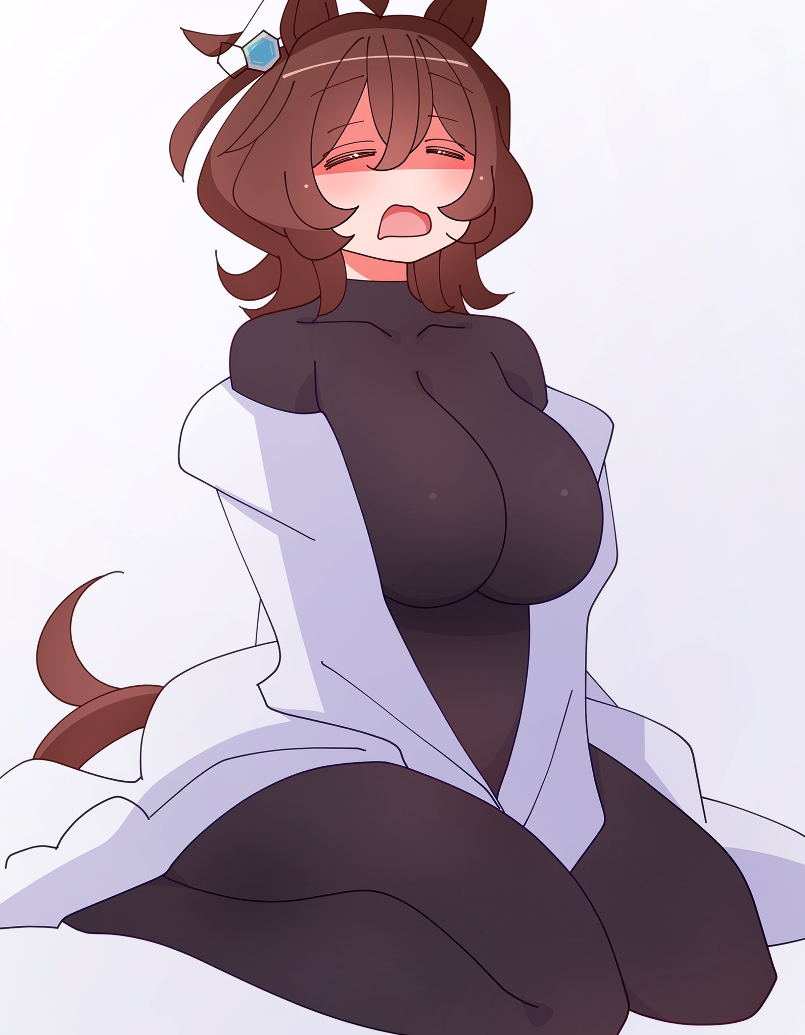 :>, 1girls, 2026, agnes tachyon (umamusume), animal ears, big breasts, black clothing, bodystocking, bodysuit, breasts, brown hair, closed eyes, clothed, clothing, color, colored, curvy, curvy female, curvy figure, digital media (artwork), female, female only, front view, fully clothed, hi res, huge breasts, kaijin debeso, legs, light skin, light-skinned female, medium hair, open mouth, simple background, solo, tail, thick thighs, thighs, umamusume, umamusume pretty derby, white background