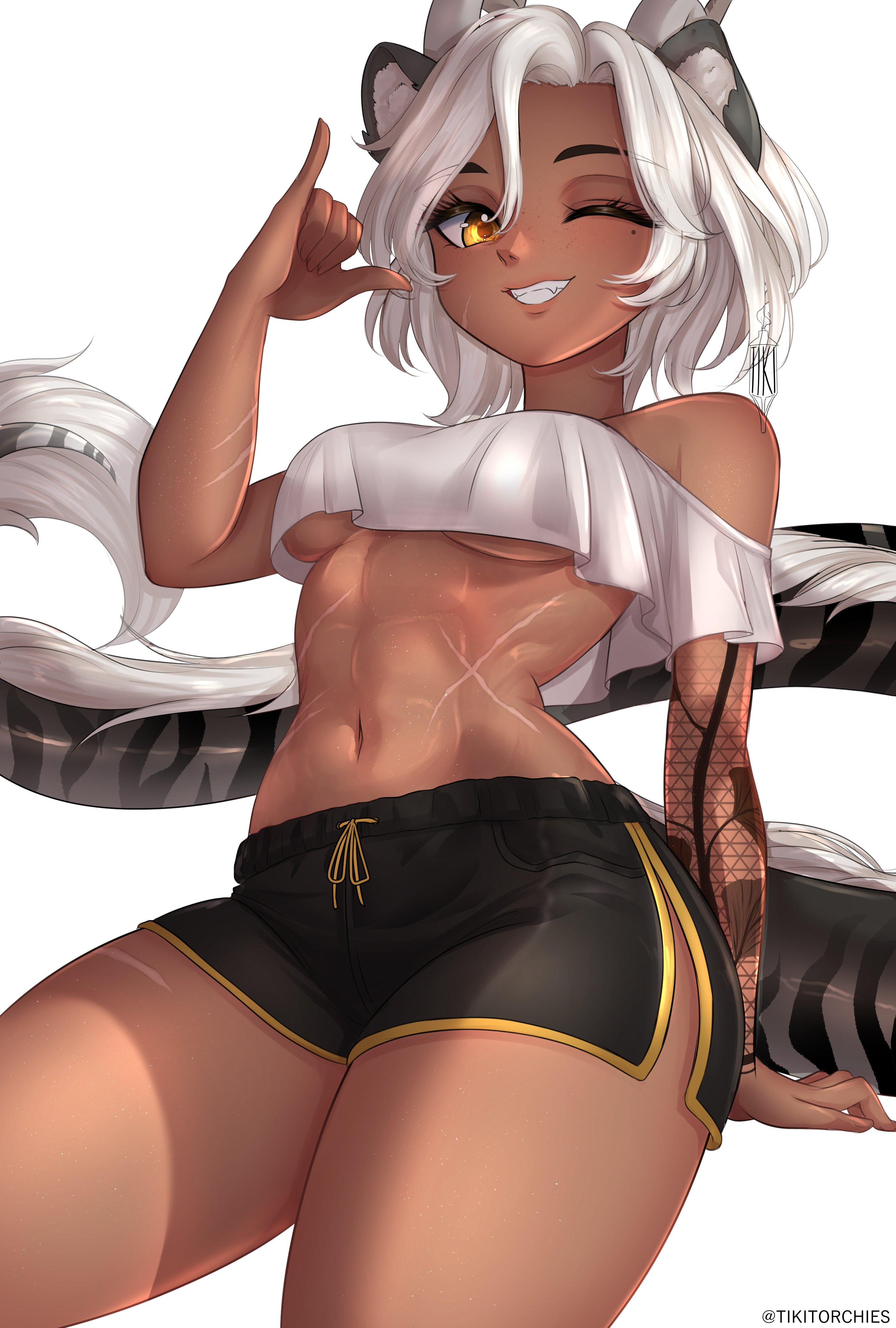 1girls, abs, absurdres, animal ears, arm tattoo, black shorts, breasts, commentary, crop top, dragon horns, english commentary, fangs, female, fit female, highres, horns, indie virtual youtuber, milf, mommy, muscle mommy, muscular, muscular female, off shoulder, one eye closed, sansin jin, sansinjin, scar, scar on stomach, shorts, tail, tattoo, thighs, tikitorchies, underboob, virtual youtuber, vtuber, white hair, yellow eyes