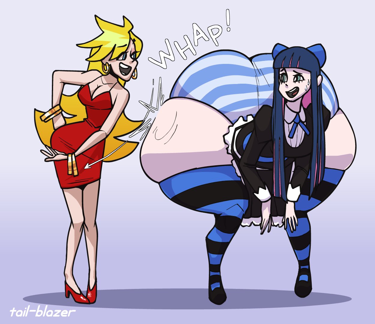 2girls, angel, ass, ass body, ass expansion, ass slap, big ass, big butt, big hips, blonde hair, blue eyes, bottom heavy, bow, breasts, bubble ass, bubble butt, cleavage, clothing, dress, duo, expansion, female, female only, gigantic ass, hips, hoop earrings, huge ass, hyper, hyper ass, large ass, meat wall (body type), open mouth, panties, panty, panty & stocking with garterbelt, panty anarchy, pencil dress, red dress, sisters, spanking, stocking anarchy, striped panties, tail-blazer, thick thighs, thighs, tight dress