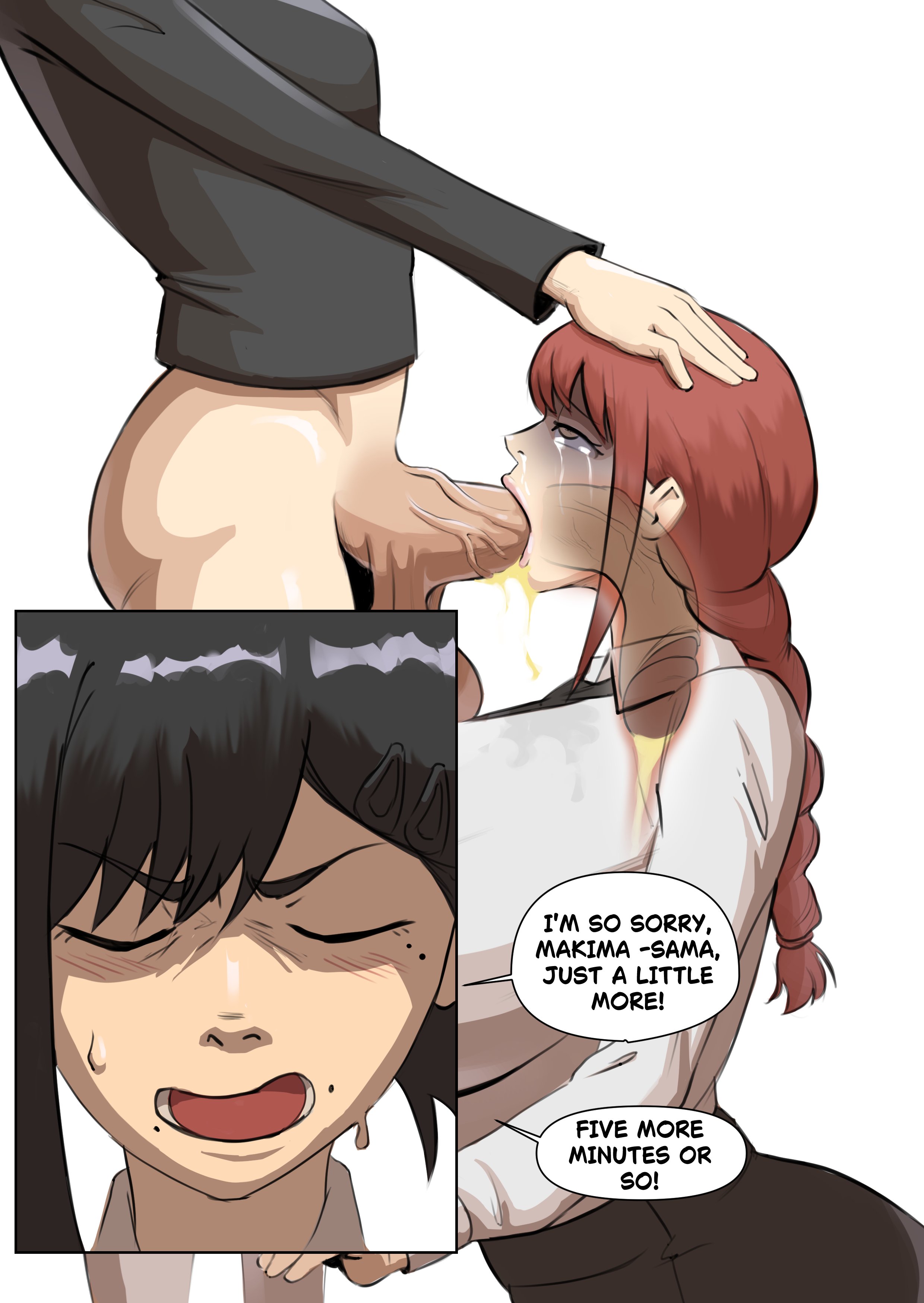 chainsaw man, color, deepthroat, futa with female, futadom, futanari, higashiyama kobeni, kobeni higashiyama, makima (chainsaw man), peeing, peeing in mouth, psesflying, text, urine, watersports
