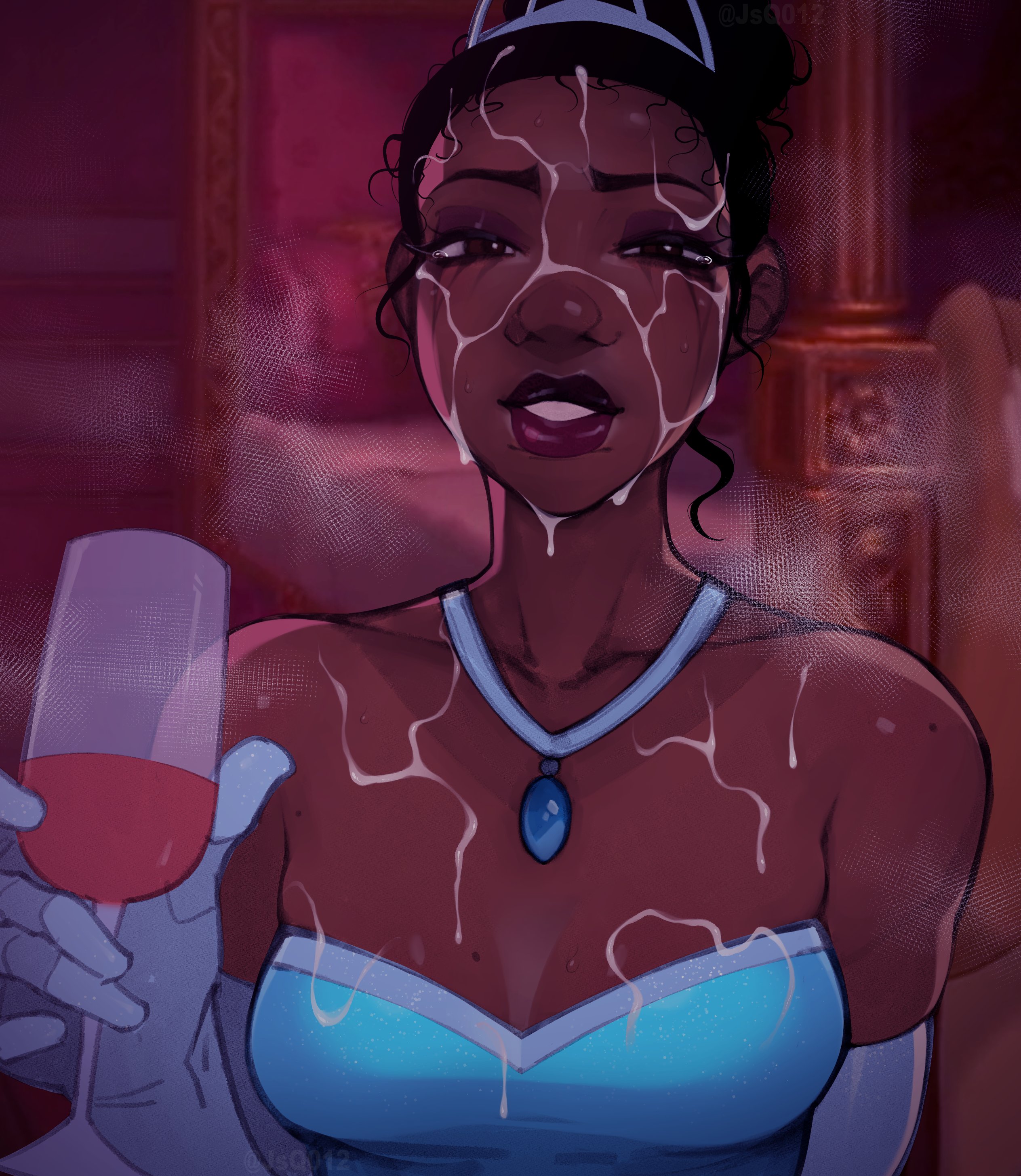 1girls, cum, dark skin, dark-skinned female, jsq012, large breasts, looking at viewer, princess dress, princess tiana, the princess and the frog, tiana